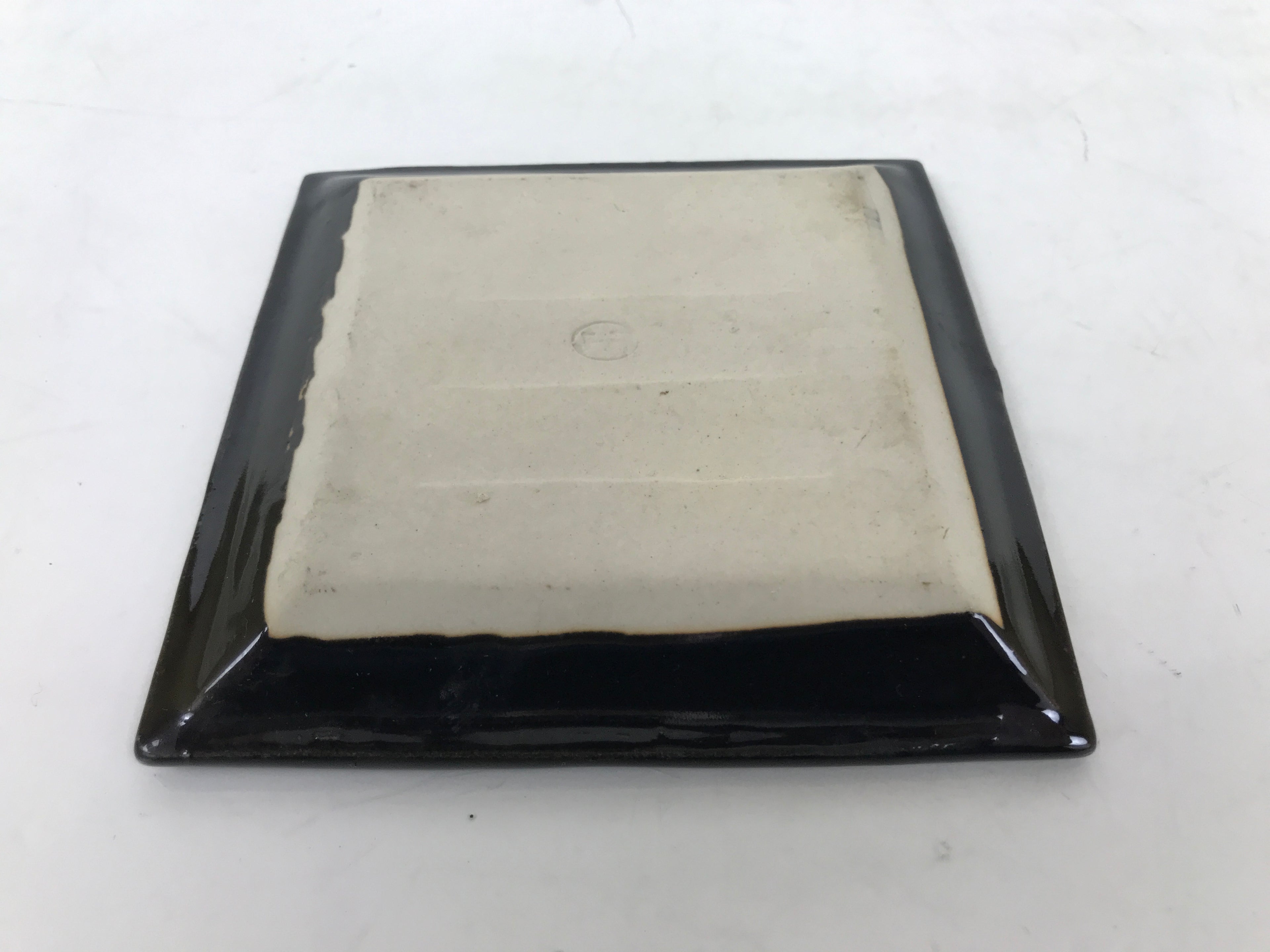 Japanese Ceramic Small Plate Kozara Vtg Sara Square Pottery Black Leaves Y437