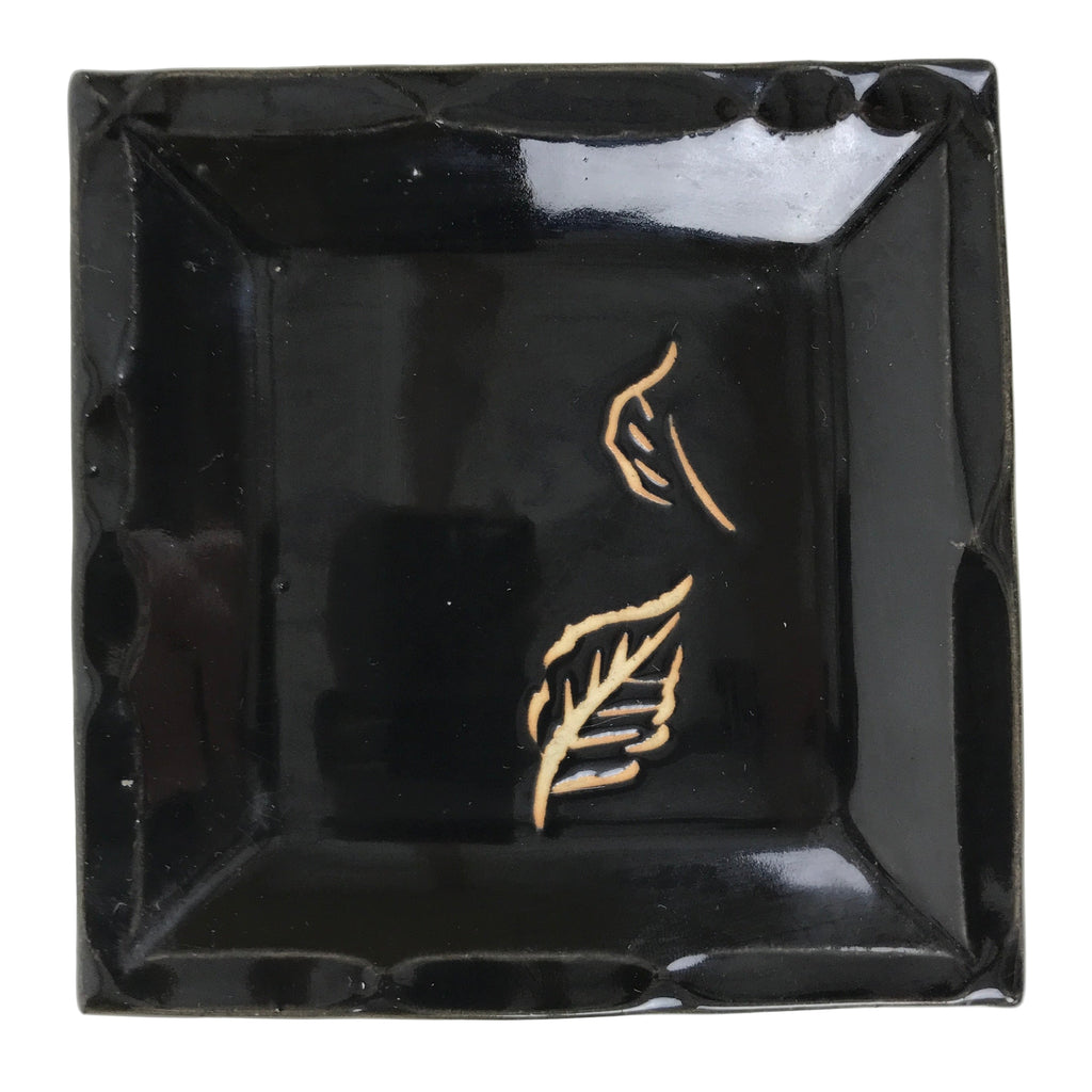 Japanese Ceramic Small Plate Kozara Vtg Sara Square Pottery Black Leaves Y437