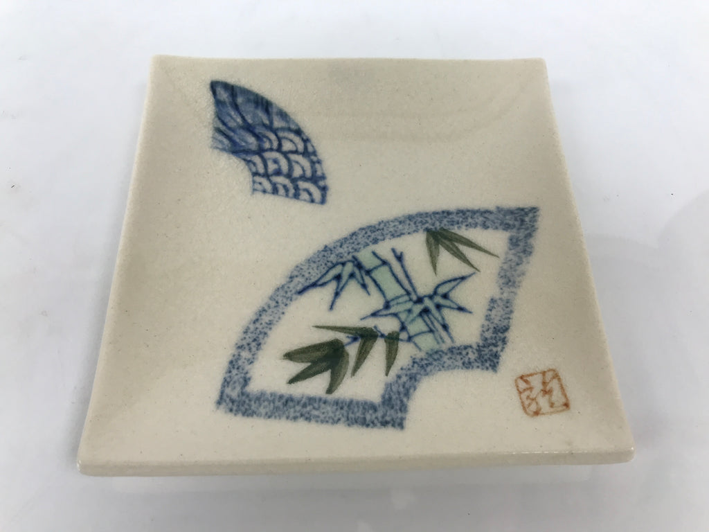 Japanese Ceramic Small Plate Kozara Vtg Square Pottery Bamboo Blue Beige Y550