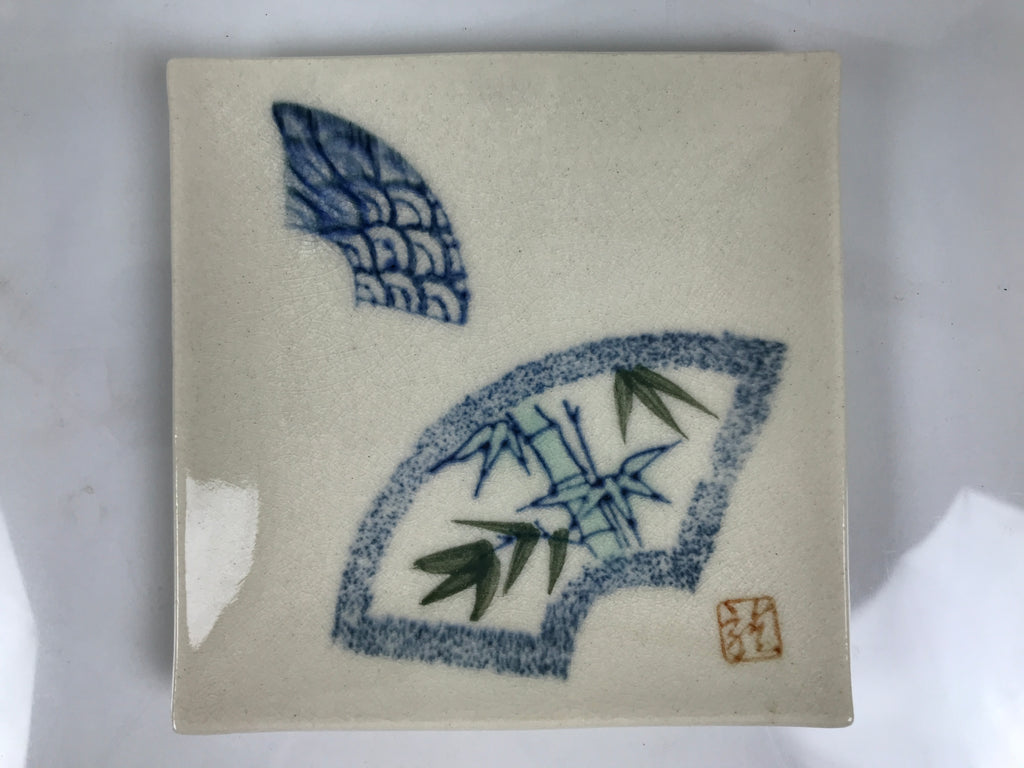 Japanese Ceramic Small Plate Kozara Vtg Square Pottery Bamboo Blue Beige Y550