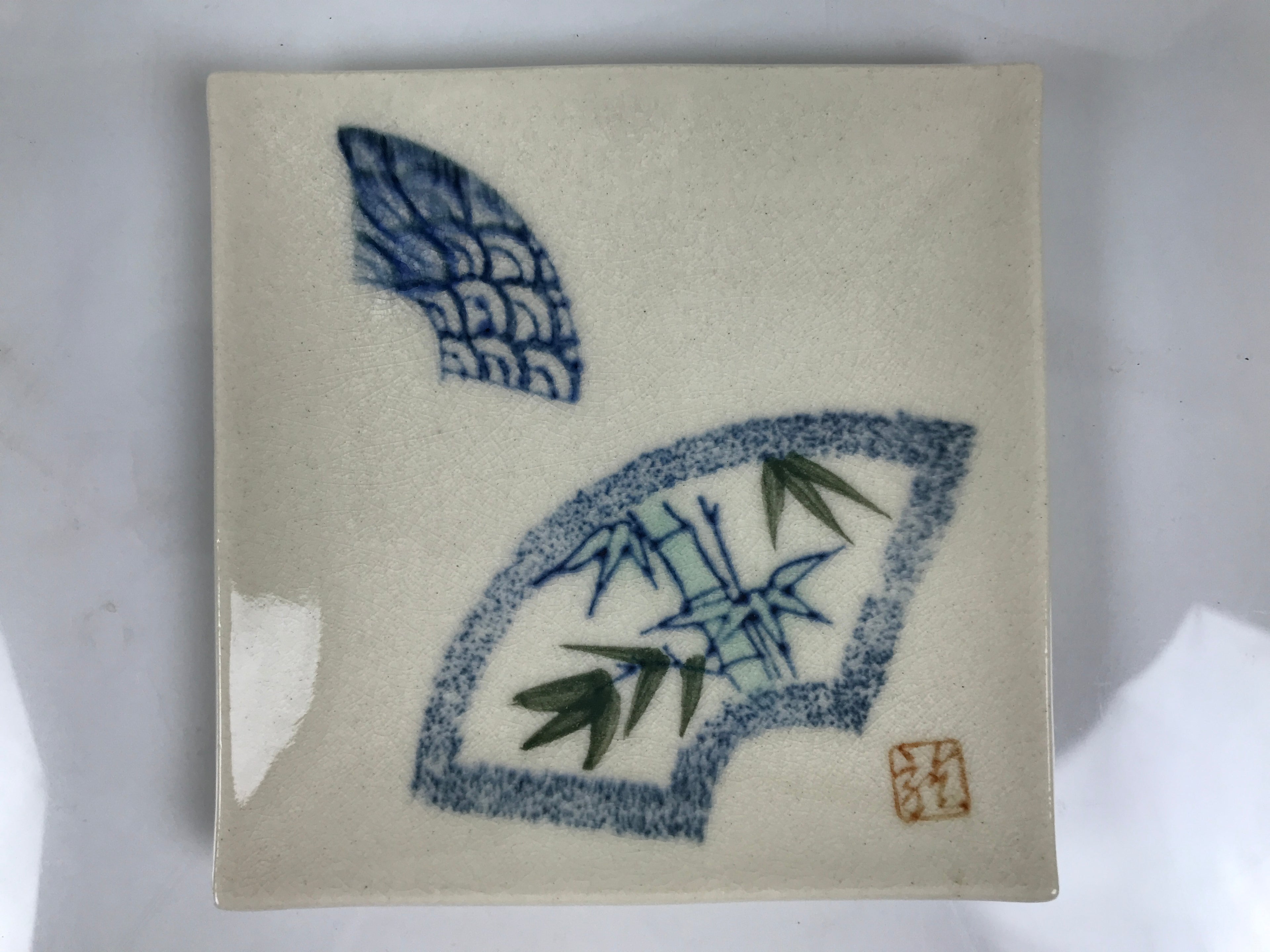 Japanese Ceramic Small Plate Kozara Vtg Square Pottery Bamboo Blue Beige Y550
