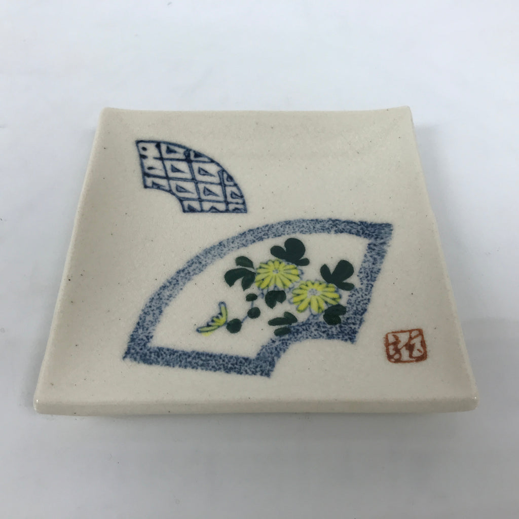 Japanese Ceramic Small Plate Kozara Vtg Square Pottery Chrysanthemum Yellow Y551
