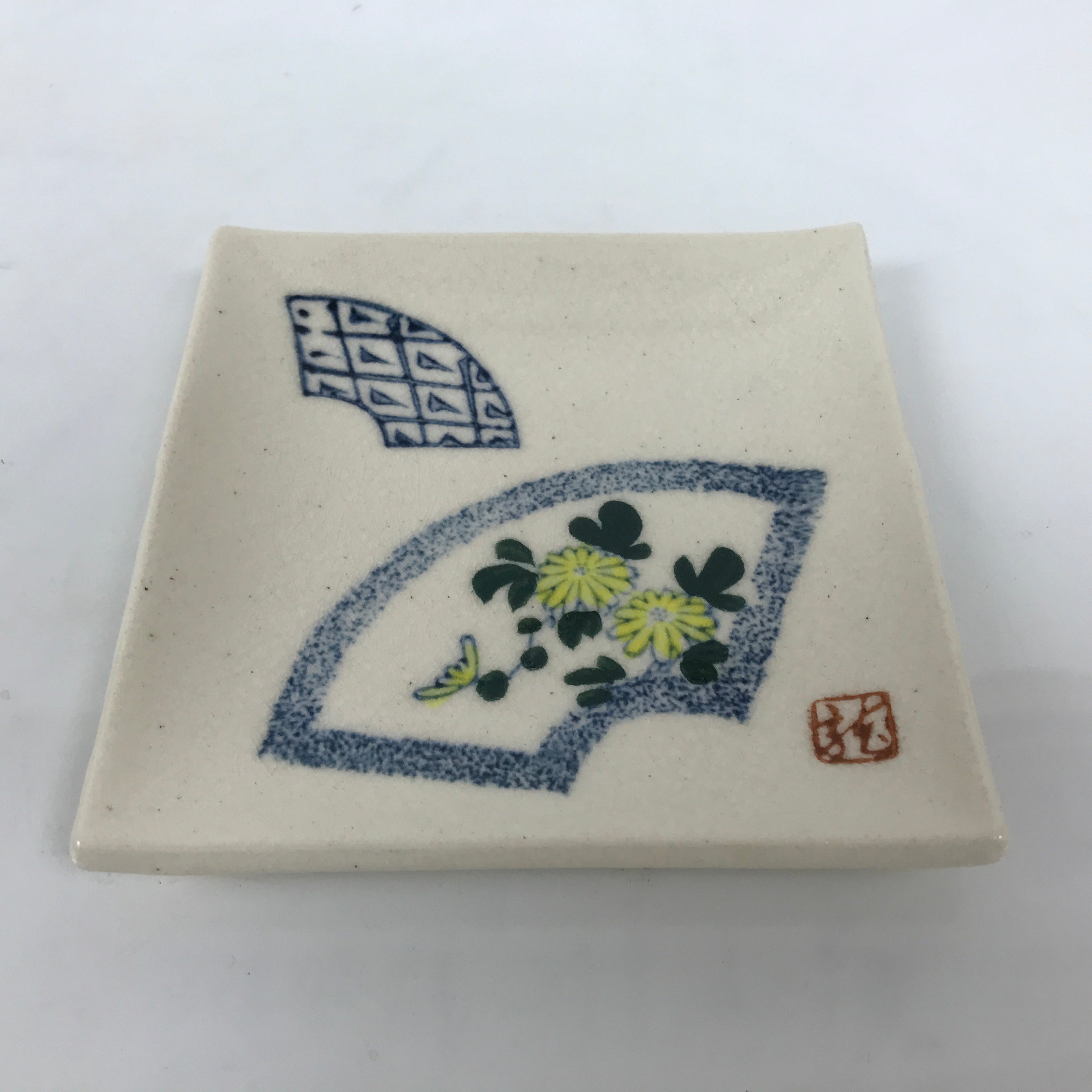 Japanese Ceramic Small Plate Kozara Vtg Square Pottery Chrysanthemum Yellow Y551
