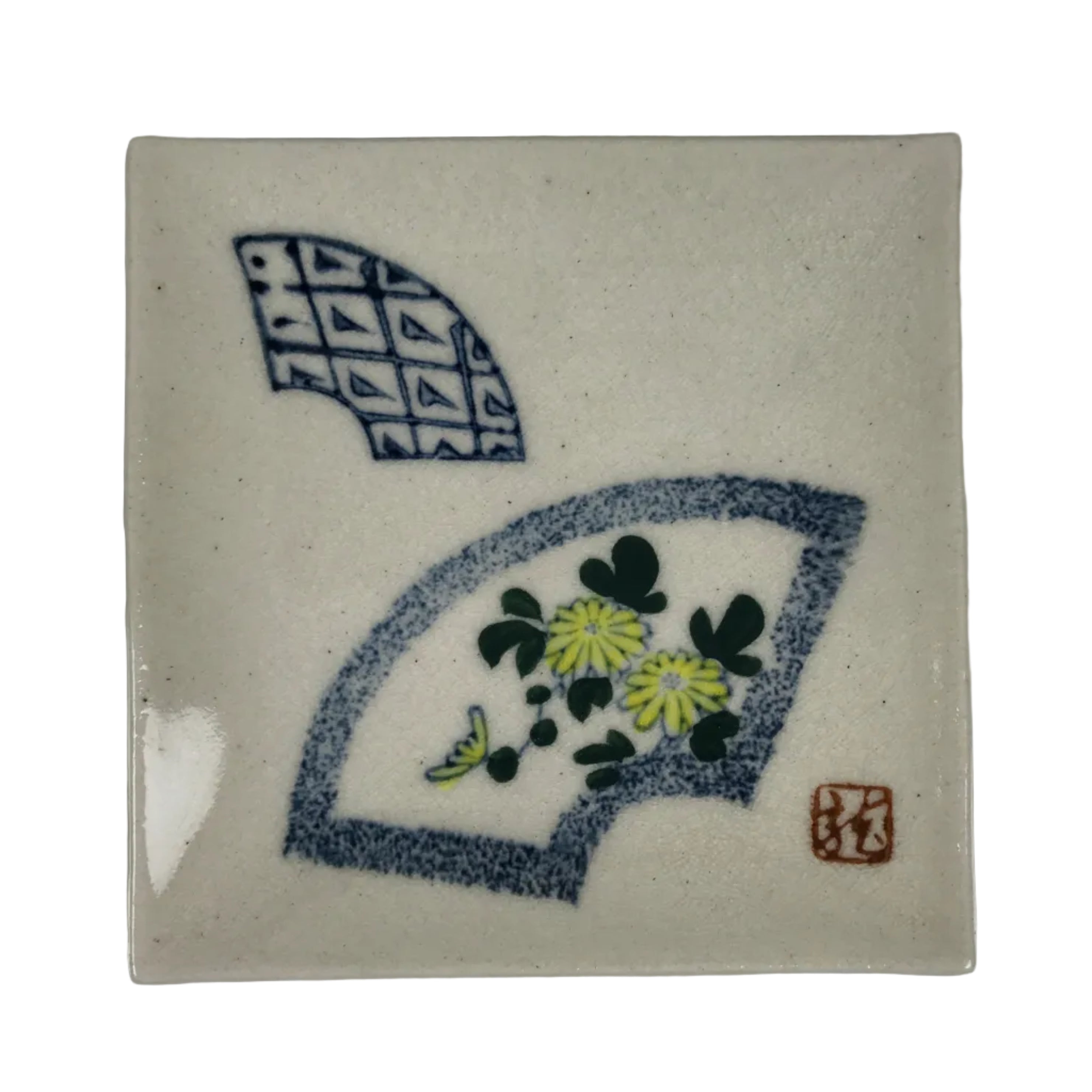 Japanese Ceramic Small Plate Kozara Vtg Square Pottery Chrysanthemum Yellow Y551