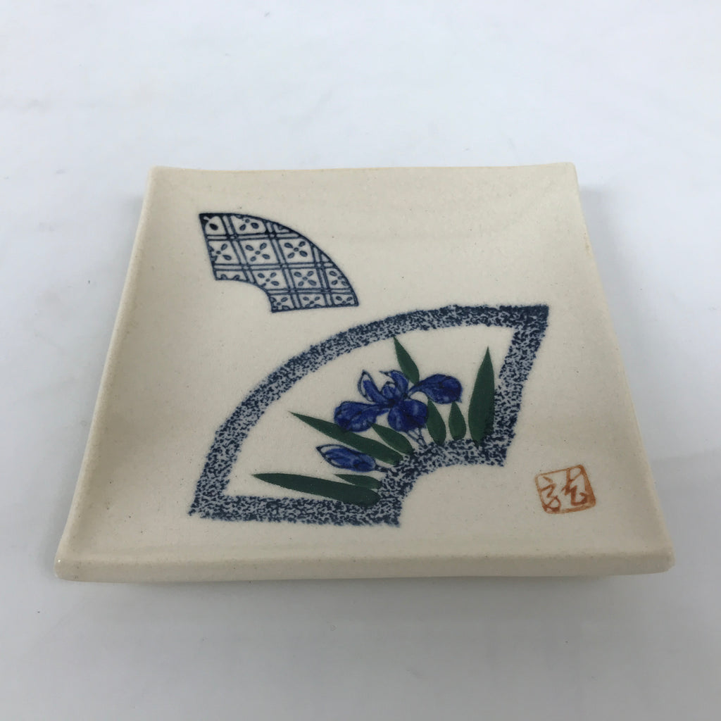 Japanese Ceramic Small Plate Kozara Vtg Square Pottery Iris Blue Beige Y552