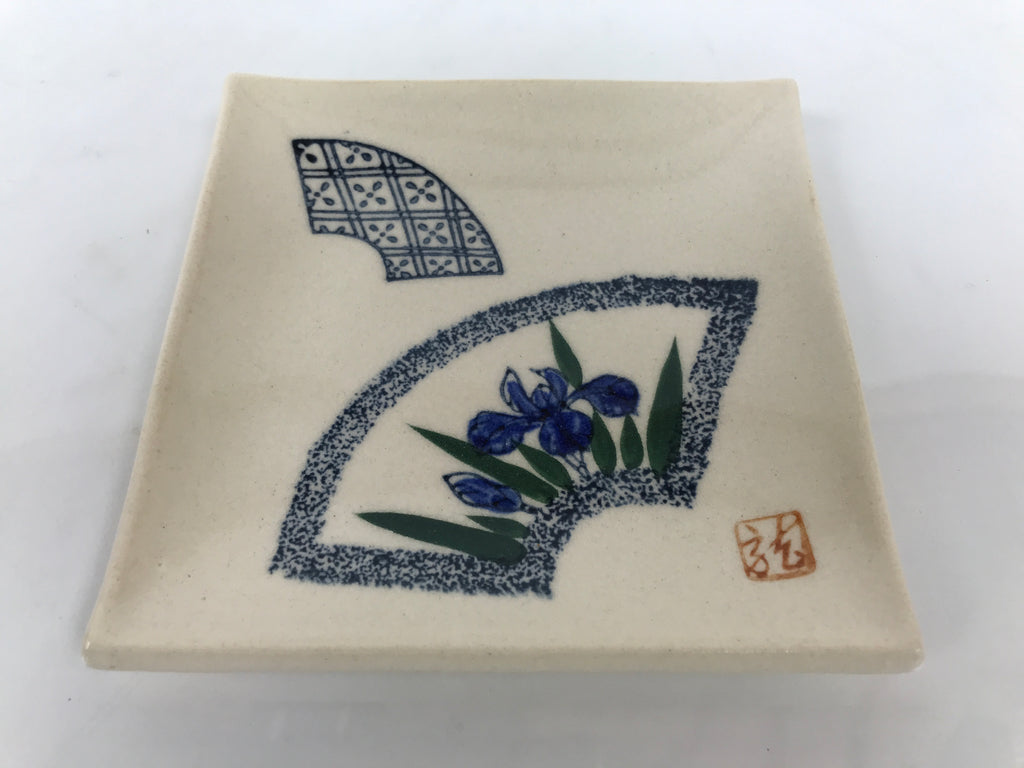 Japanese Ceramic Small Plate Kozara Vtg Square Pottery Iris Blue Beige Y552