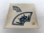 Japanese Ceramic Small Plate Kozara Vtg Square Pottery Iris Blue Beige Y552