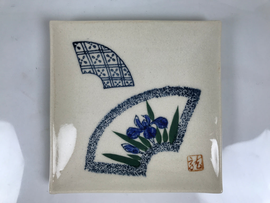 Japanese Ceramic Small Plate Kozara Vtg Square Pottery Iris Blue Beige Y552