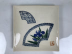 Japanese Ceramic Small Plate Kozara Vtg Square Pottery Iris Blue Beige Y552