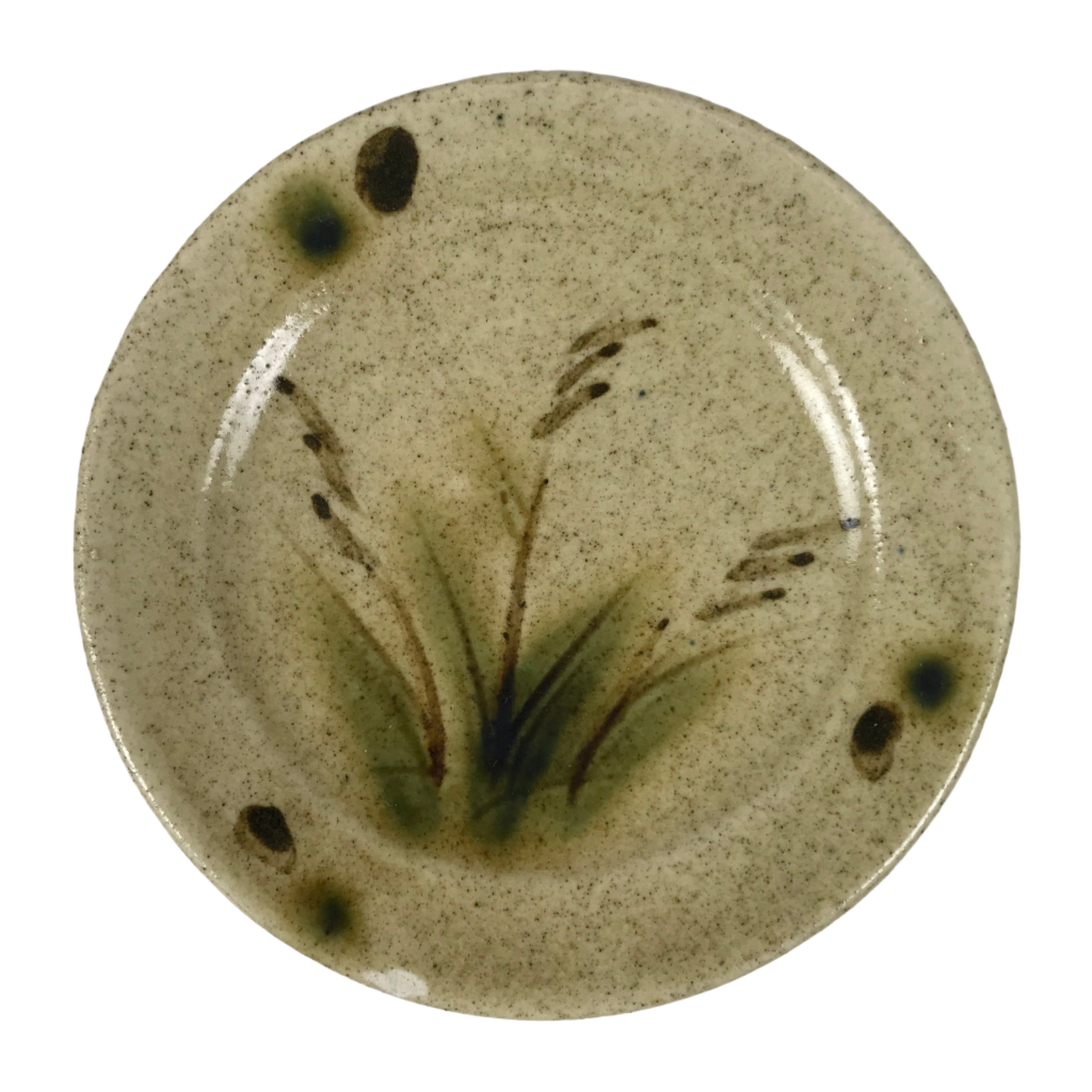 Japanese Ceramic Small Plate Mamezara Side Dish Vtg Beige Green Plants Y464