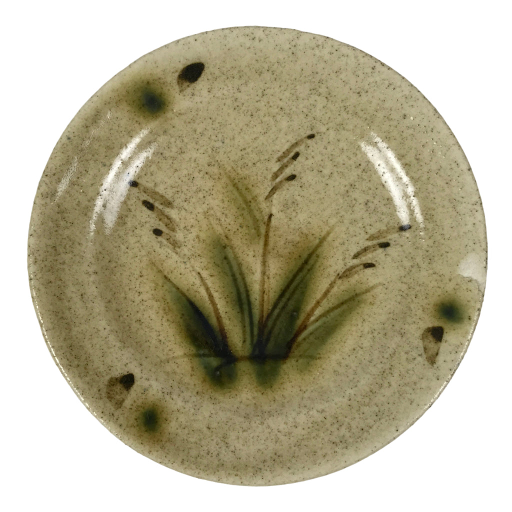 Japanese Ceramic Small Plate Mamezara Side Dish Vtg Beige Green Plants Y467