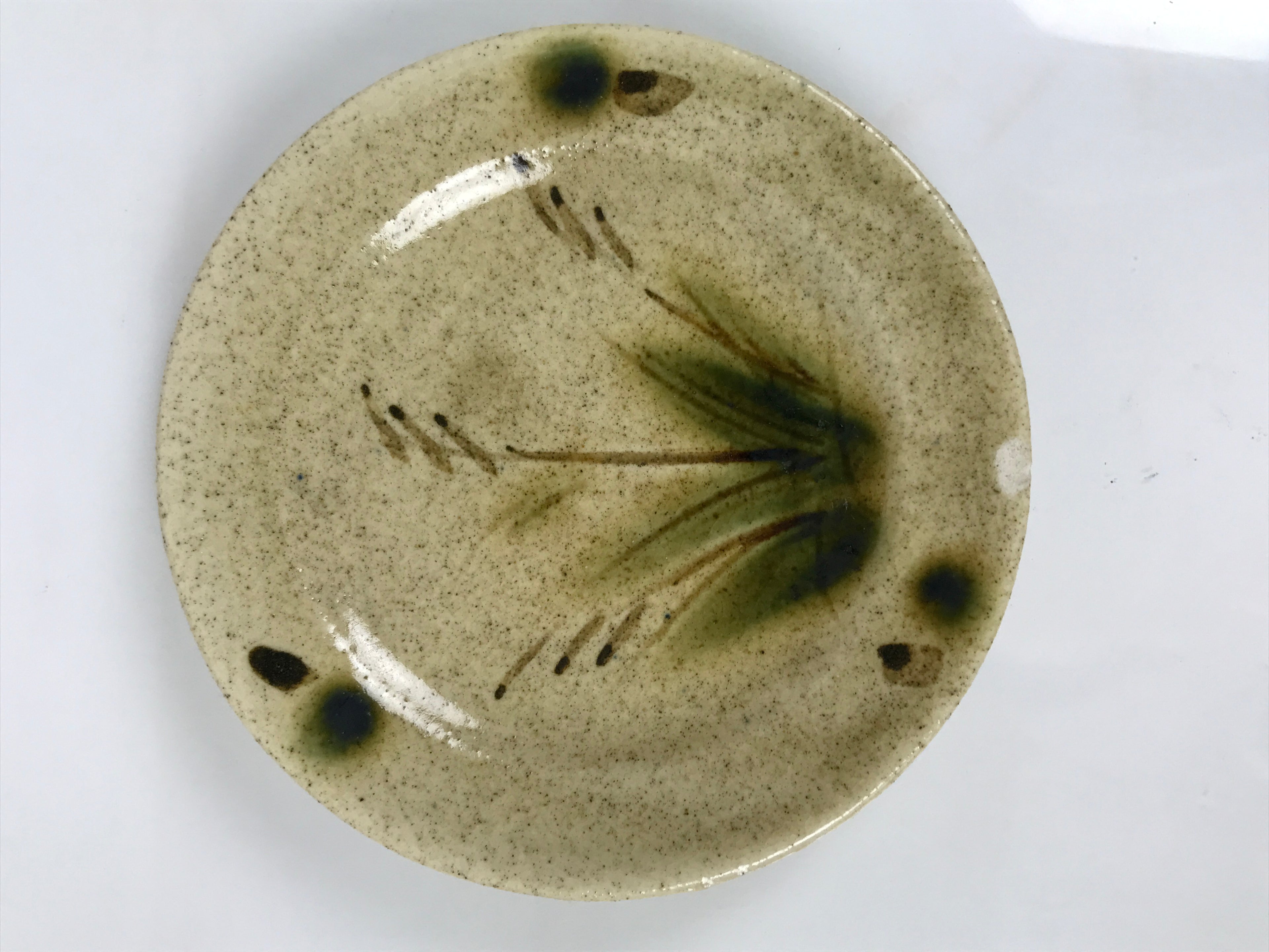 Japanese Ceramic Small Plate Mamezara Side Dish Vtg Beige Green Plants Y468