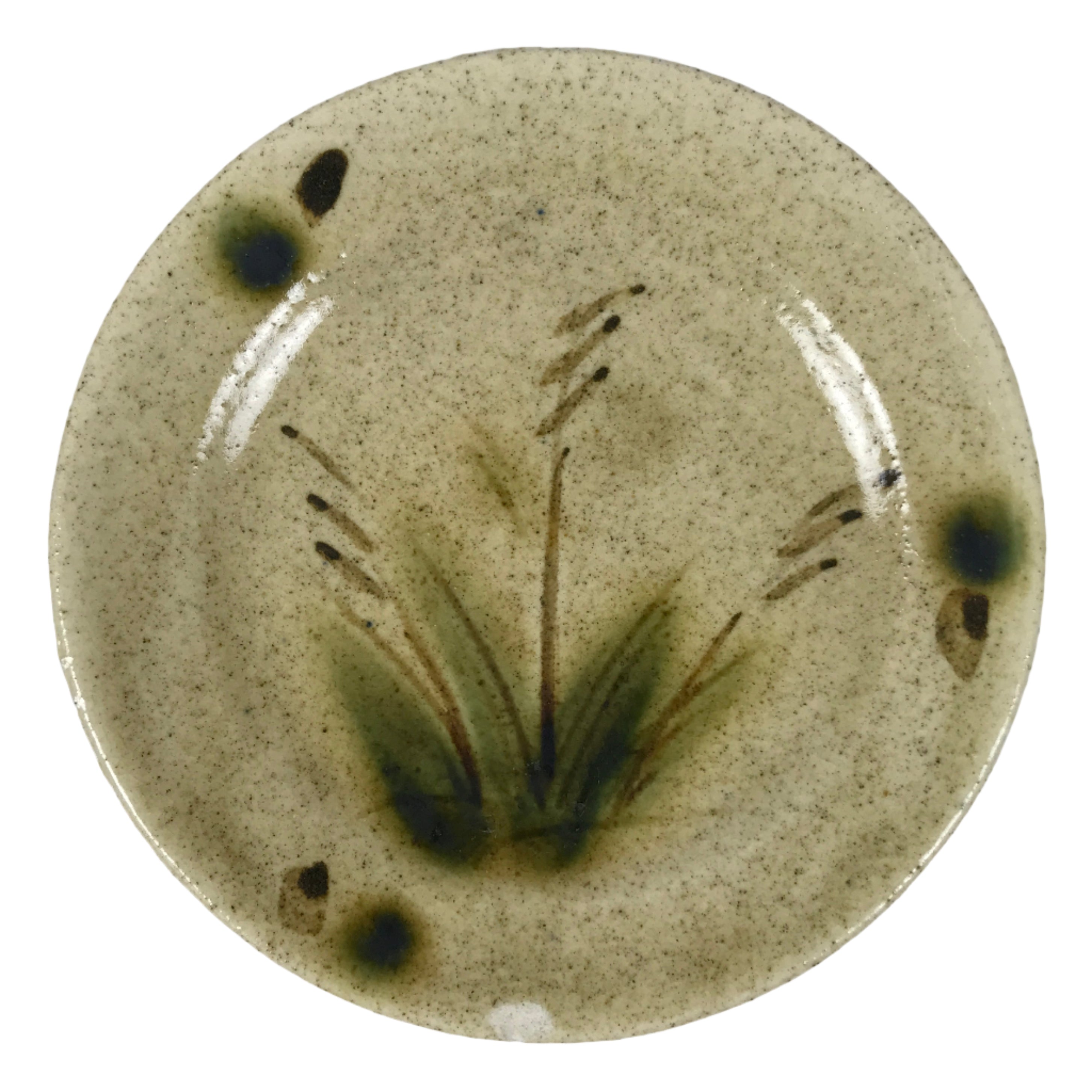 Japanese Ceramic Small Plate Mamezara Side Dish Vtg Beige Green Plants Y468