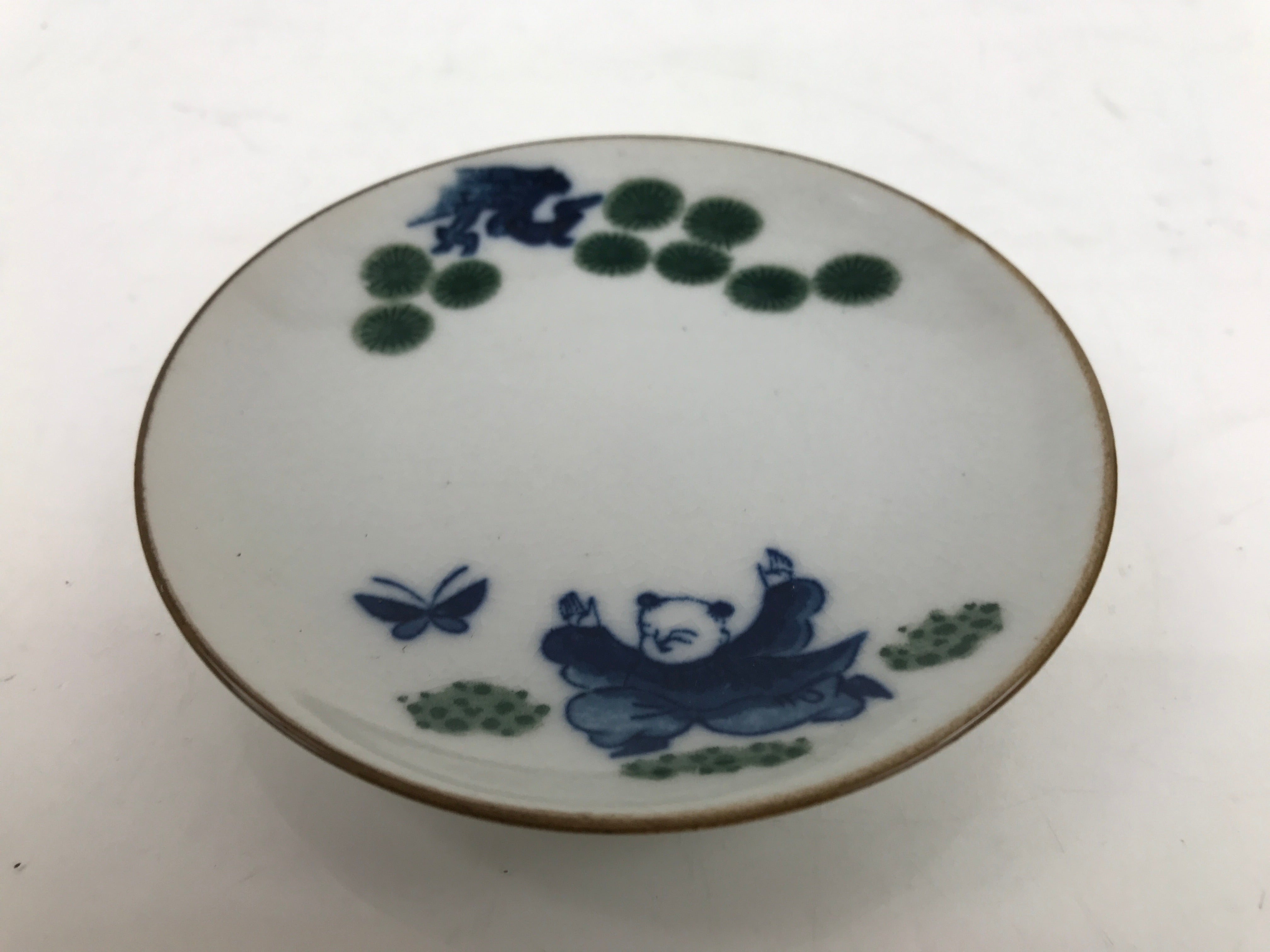 Japanese Ceramic Small Plate Mamezara Vtg Karako Child Pine Blue Green Y206