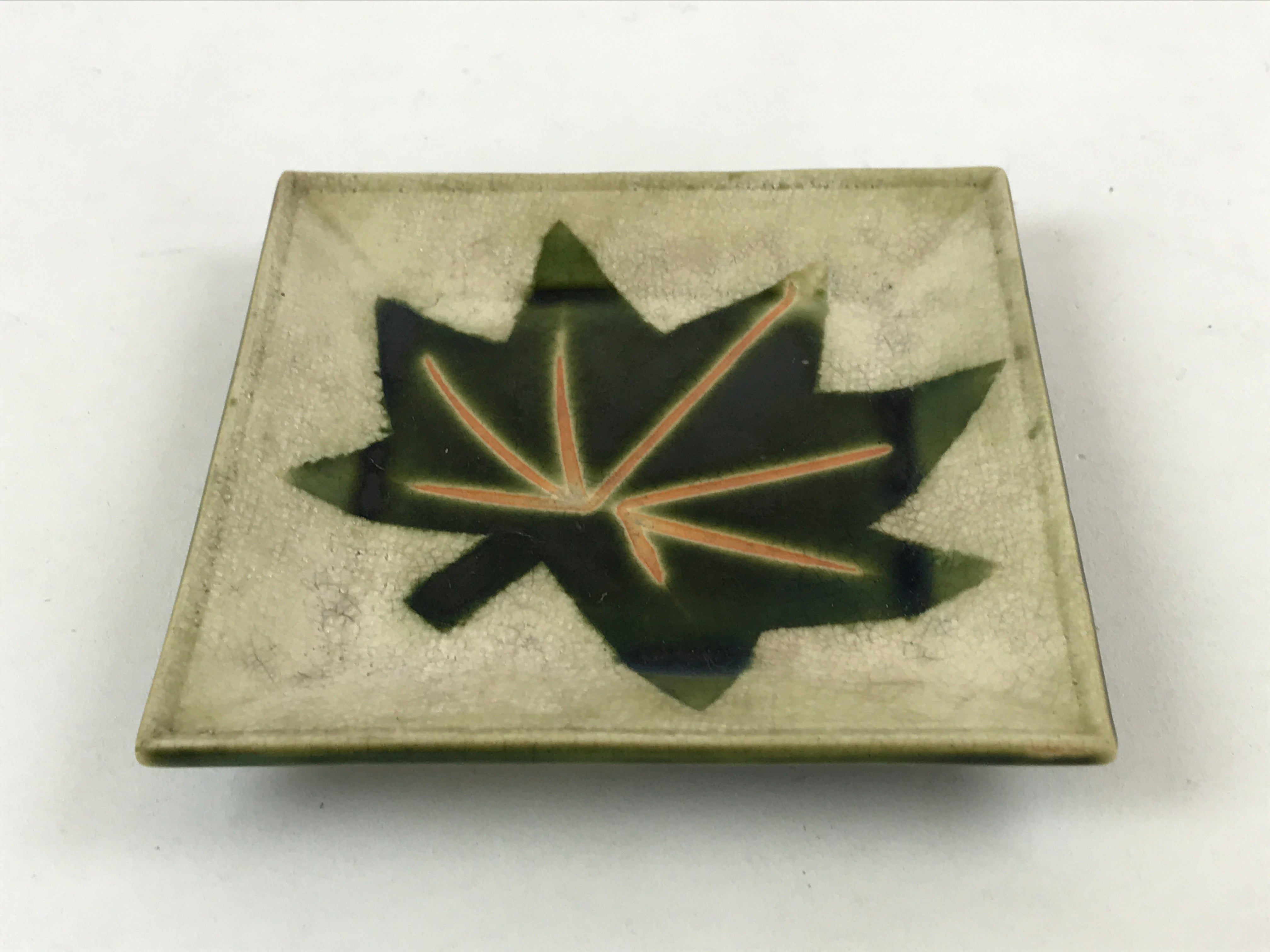 Japanese Ceramic Small Plate Meimeizara Vtg Square Kozara Green Maple Leaf PY524