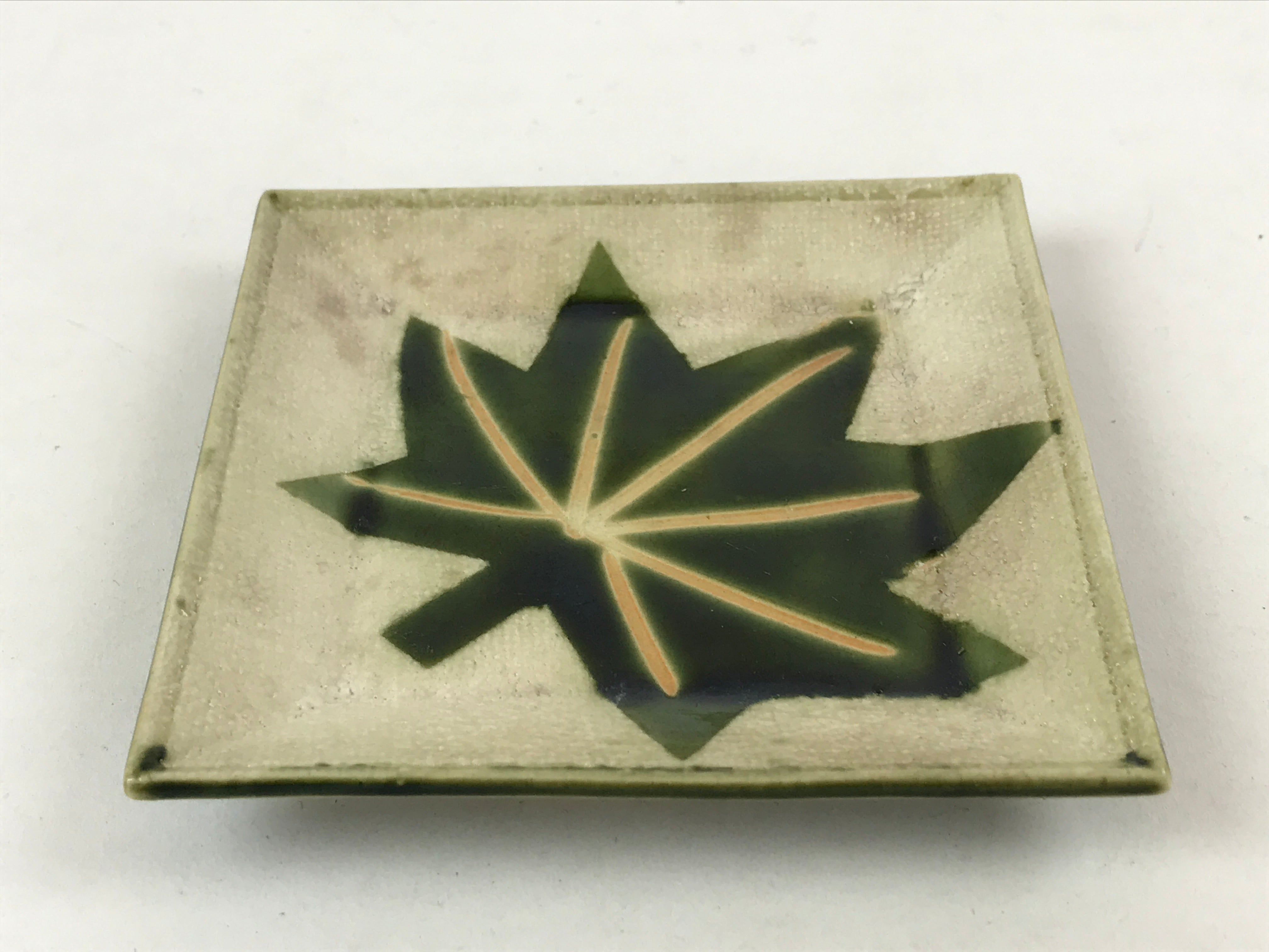 Japanese Ceramic Small Plate Meimeizara Vtg Square Kozara Green Maple Leaf PY526