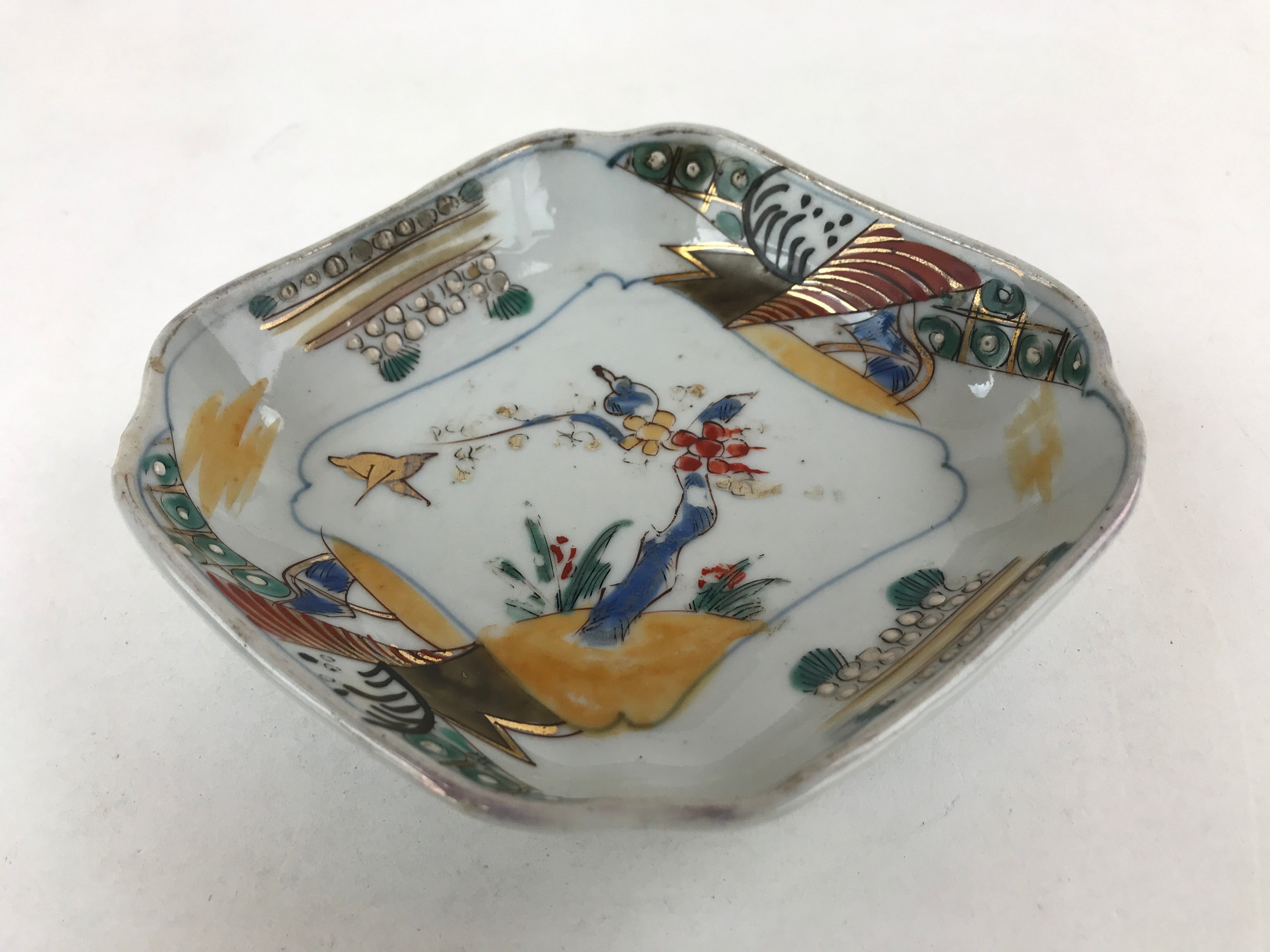 Japanese Ceramic Small Plate Vtg Lozenge Shape Kutani Ware Bird Floral PY597