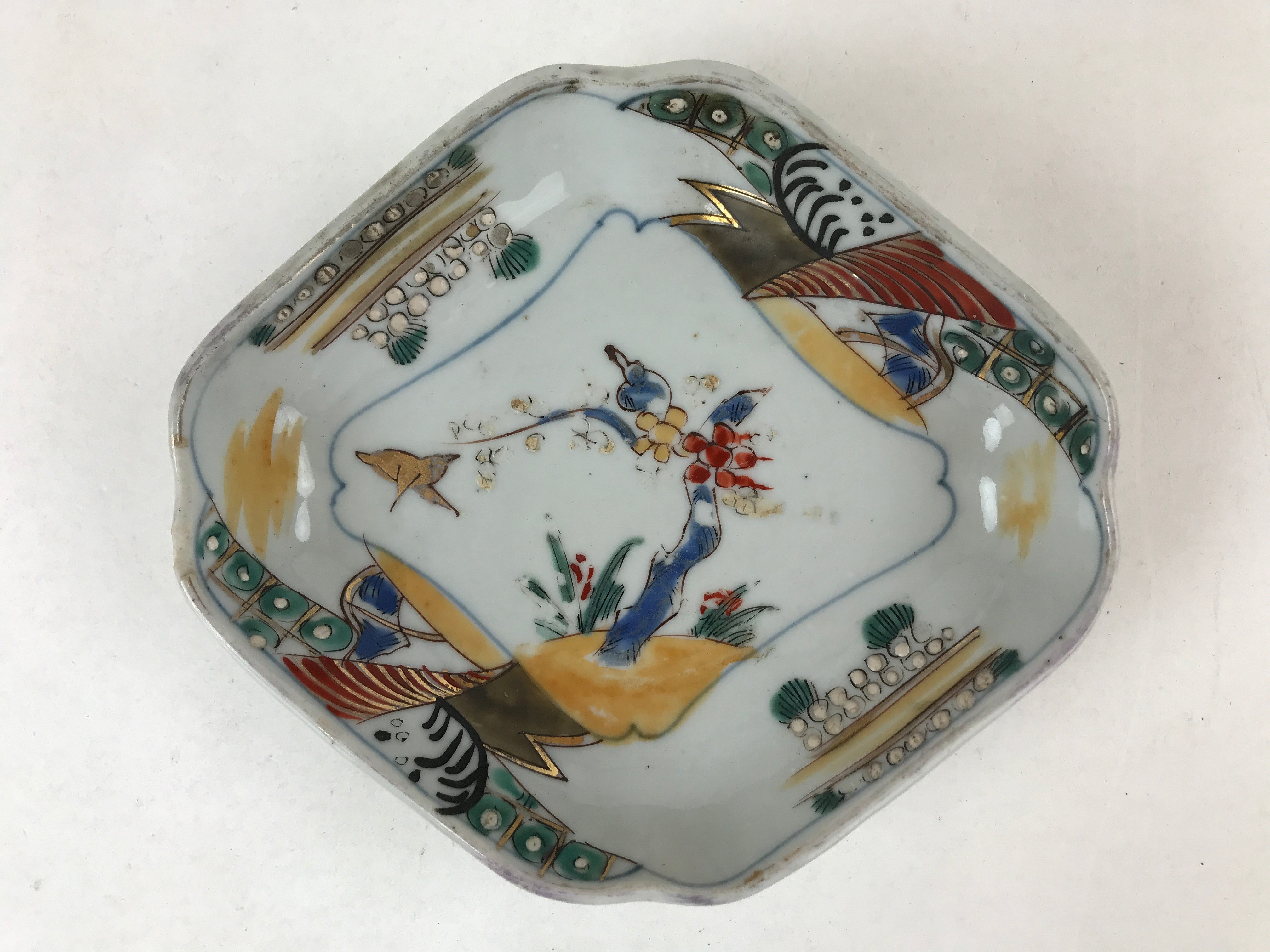 Japanese Ceramic Small Plate Vtg Lozenge Shape Kutani Ware Bird Floral PY597