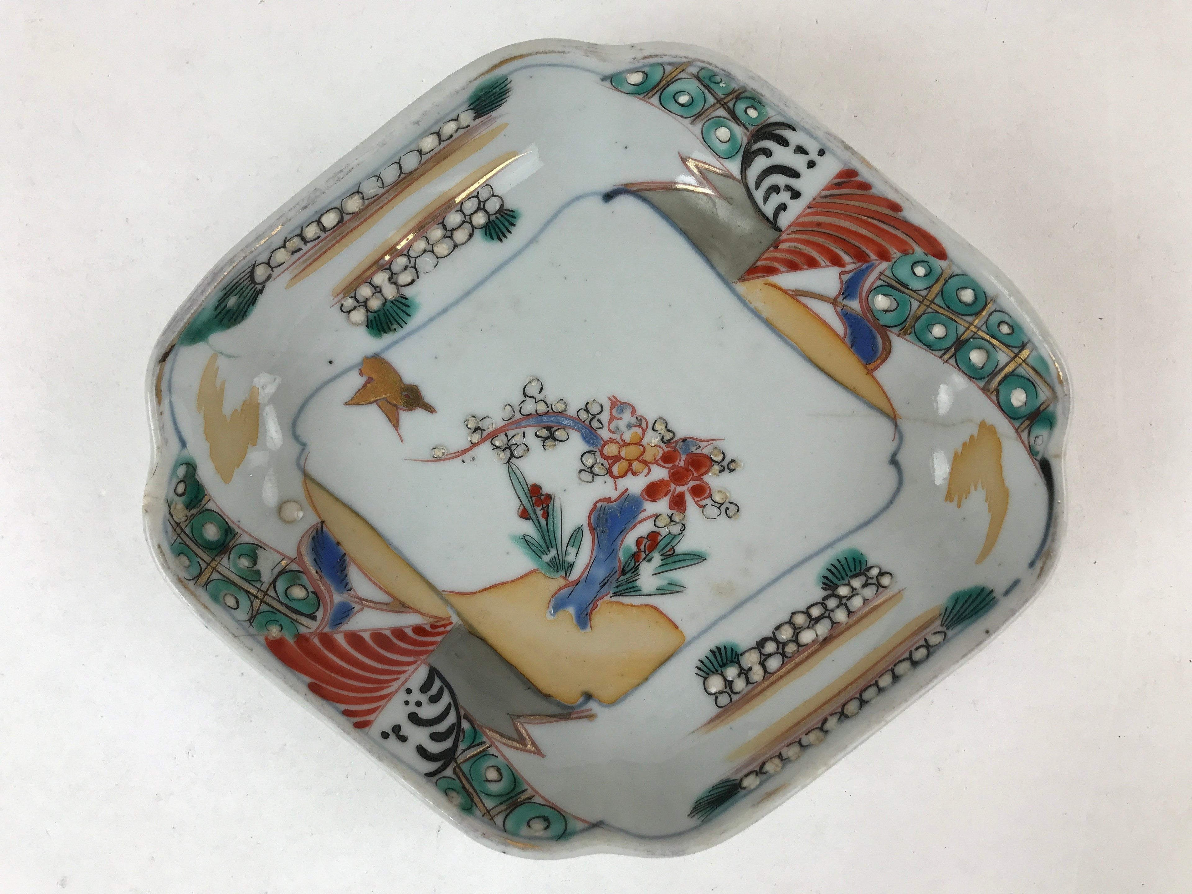 Japanese Ceramic Small Plate Vtg Lozenge Shape Kutani Ware Bird Floral PY598