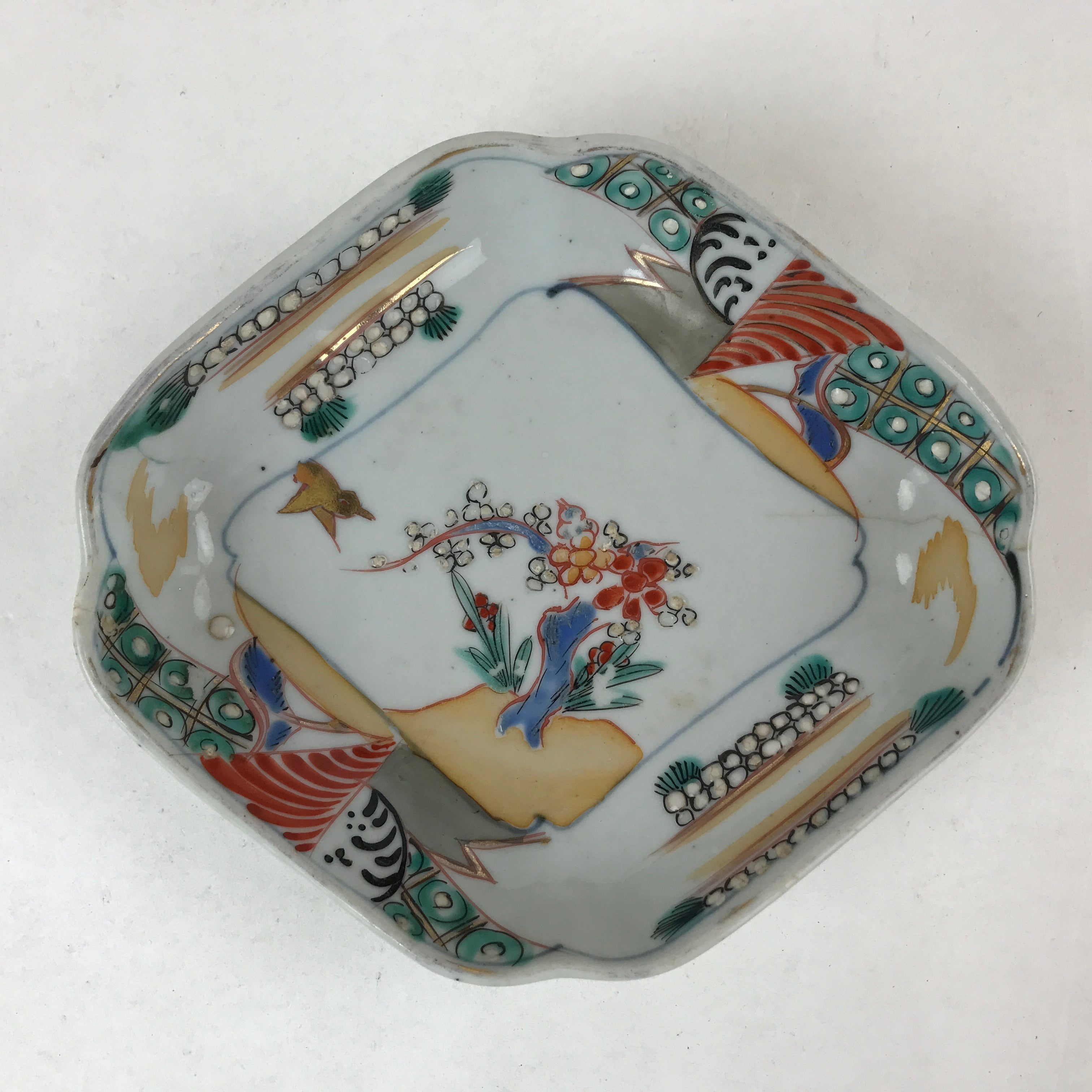 Japanese Ceramic Small Plate Vtg Lozenge Shape Kutani Ware Bird Floral PY598