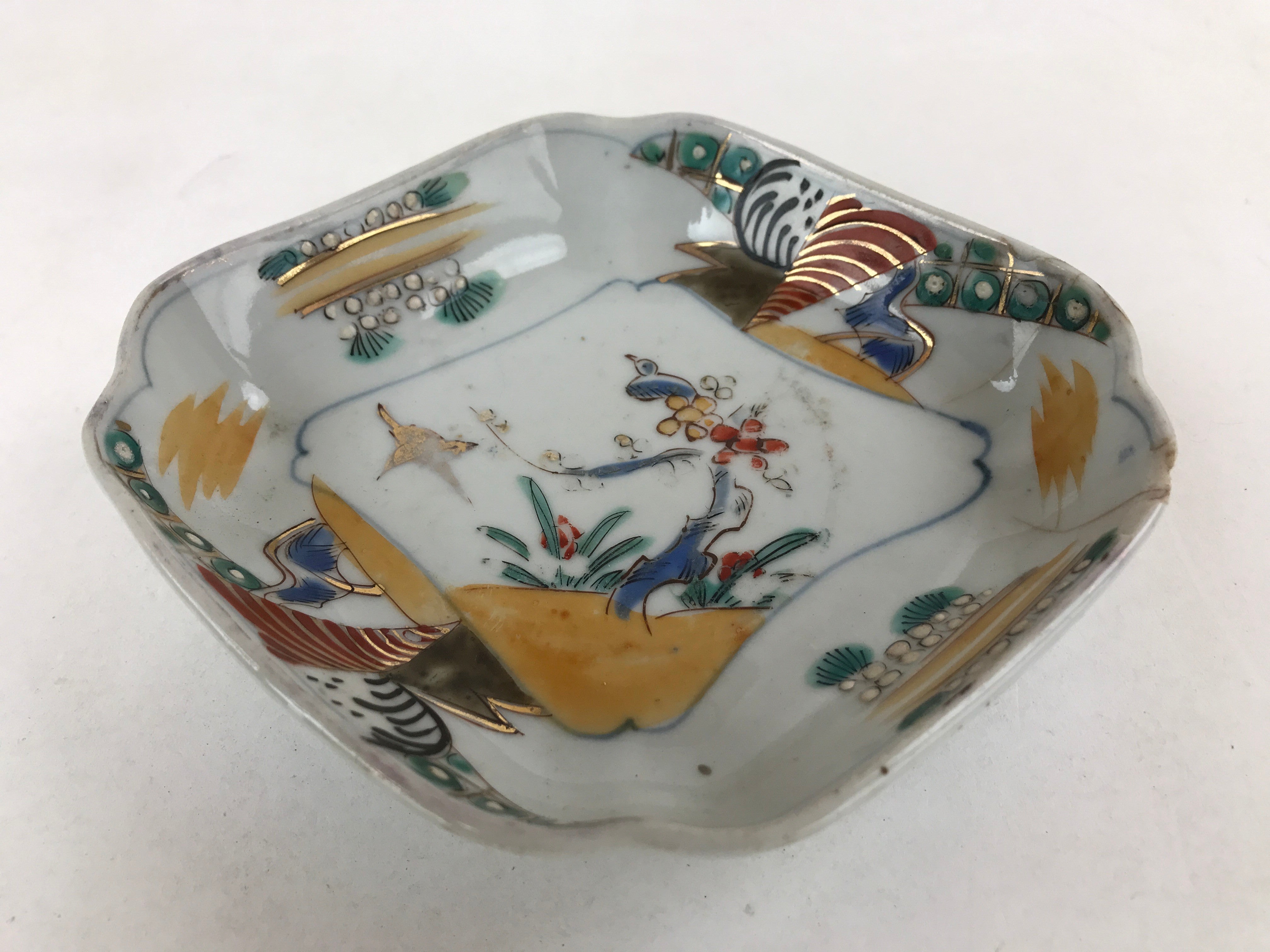 Japanese Ceramic Small Plate Vtg Lozenge Shape Kutani Ware Bird Floral PY599