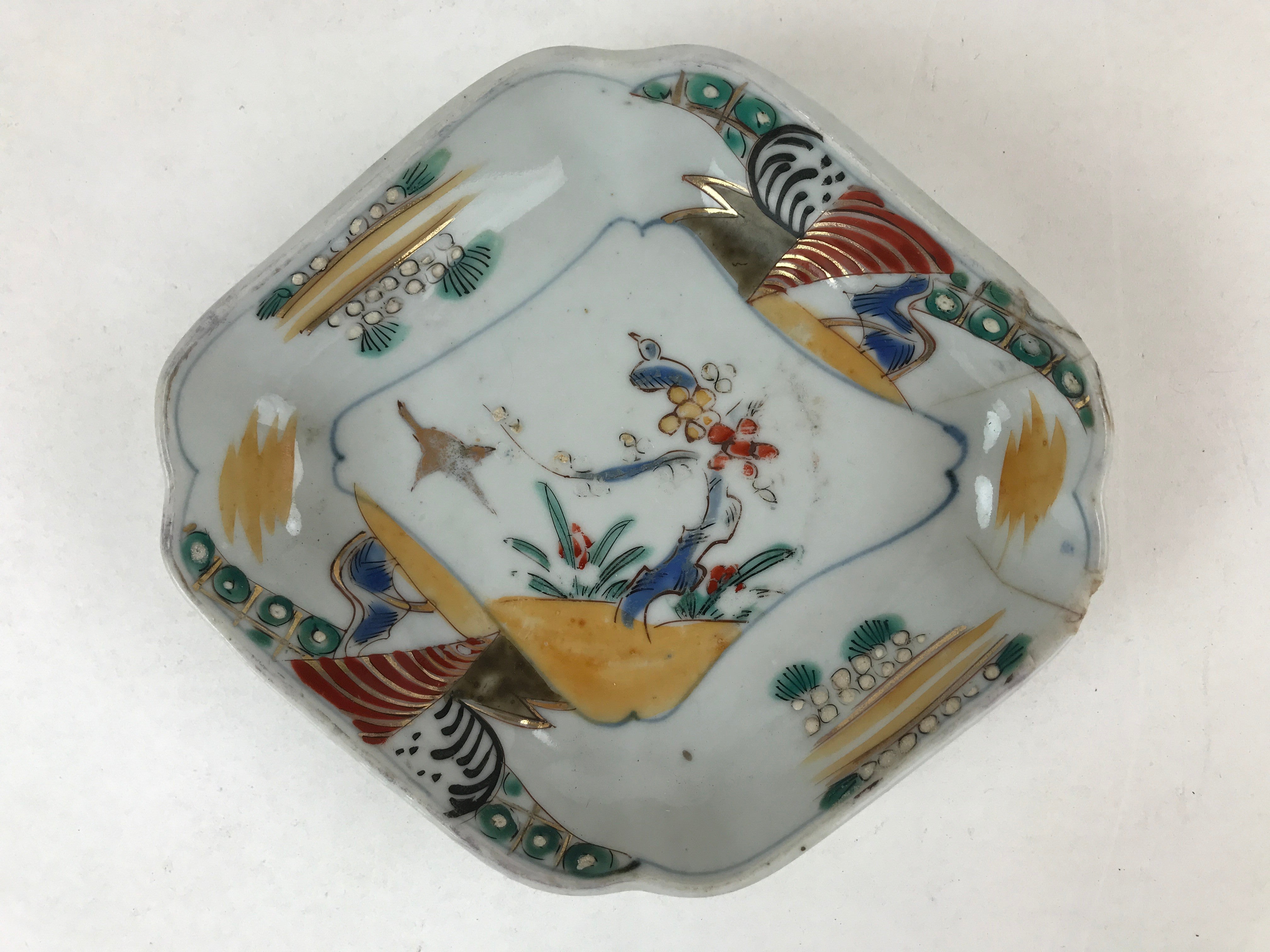 Japanese Ceramic Small Plate Vtg Lozenge Shape Kutani Ware Bird Floral PY599