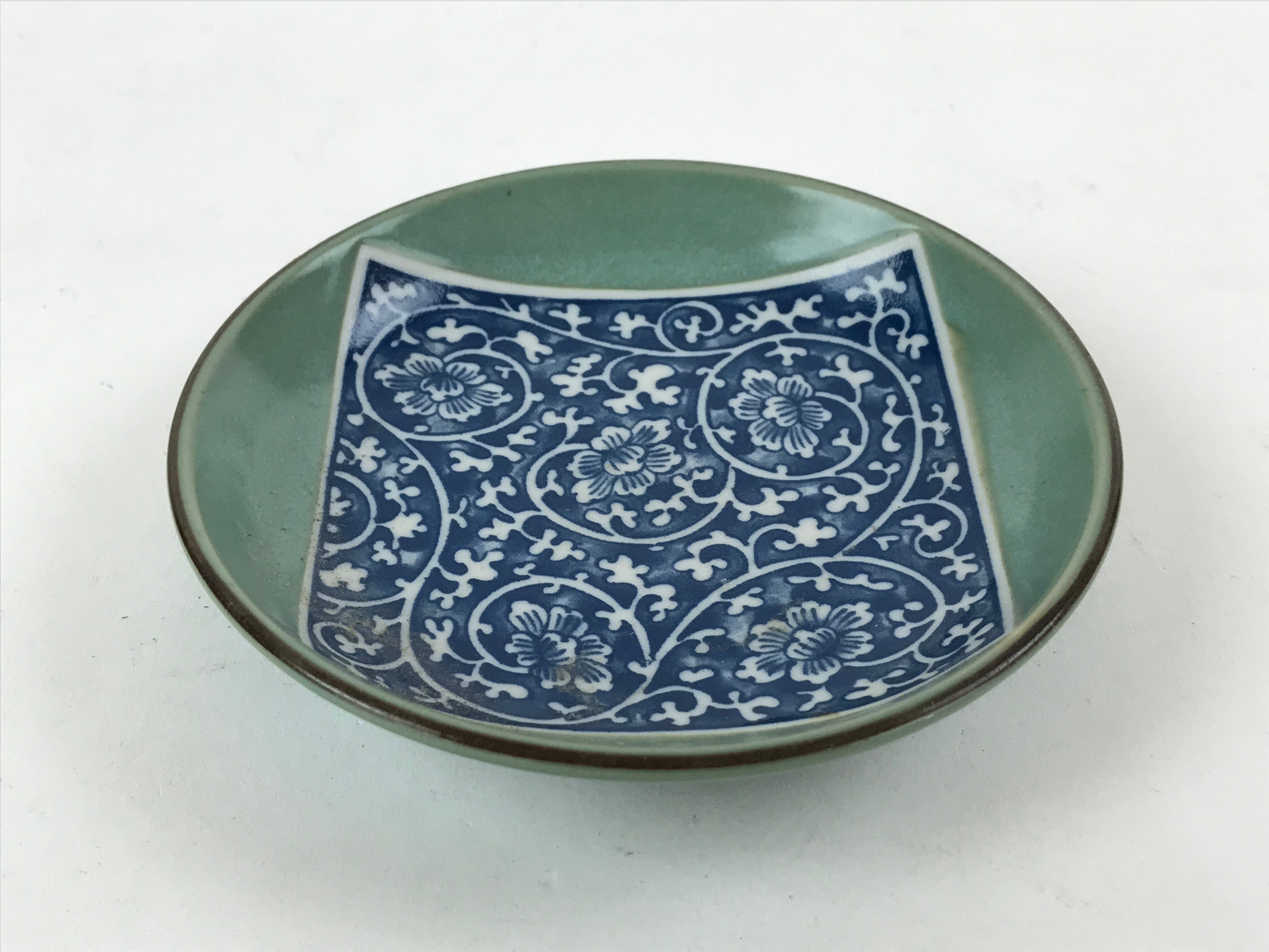 Japanese Ceramic Small Plate Vtg Round Green Blue Floral Square Kozara PY501