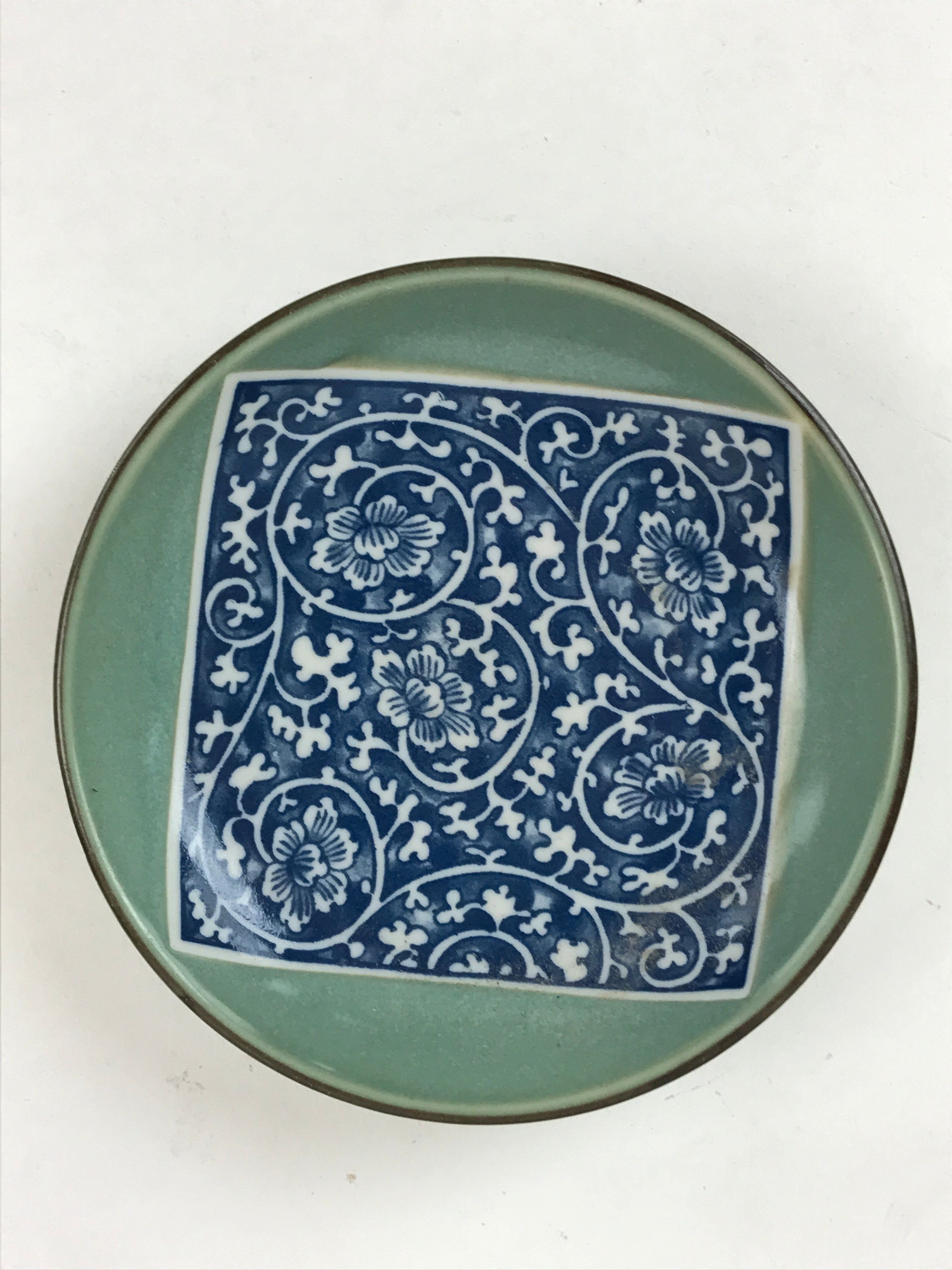 Japanese Ceramic Small Plate Vtg Round Green Blue Floral Square Kozara PY501