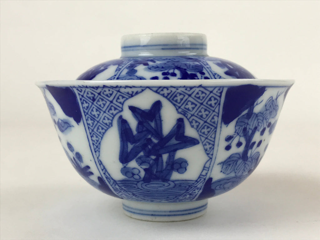Japanese Ceramic Sometsuke Lidded Bowl Owan Vtg Pottery White Blue Floral PY580