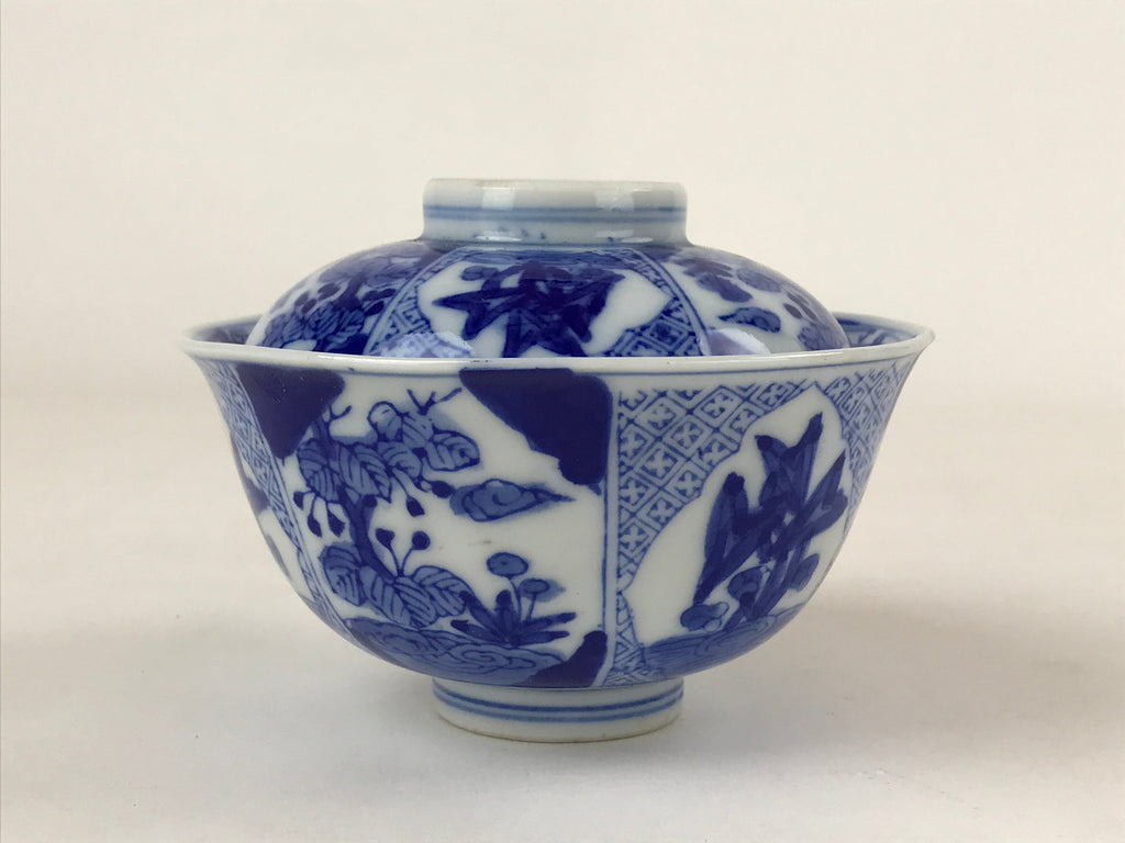 Japanese Ceramic Sometsuke Lidded Bowl Owan Vtg Pottery White Blue Floral PY581