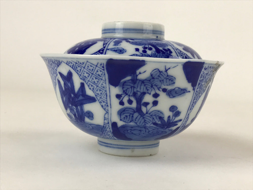 Japanese Ceramic Sometsuke Lidded Bowl Owan Vtg Pottery White Blue Floral PY583