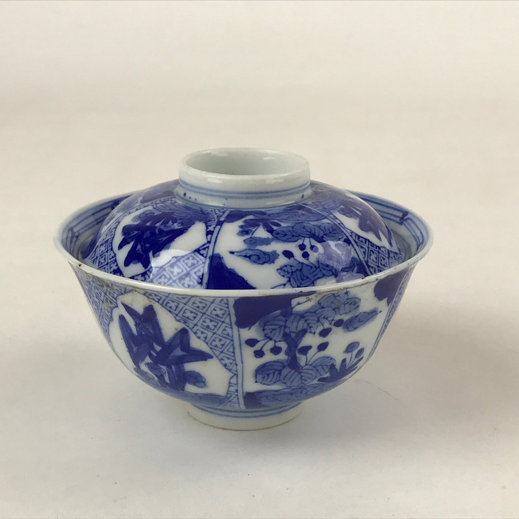 Japanese Ceramic Sometsuke Lidded Bowl Owan Vtg Pottery White Blue Floral PY583