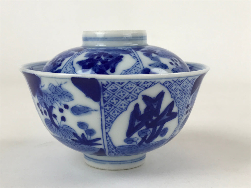 Japanese Ceramic Sometsuke Lidded Bowl Owan Vtg Pottery White Blue Floral PY584