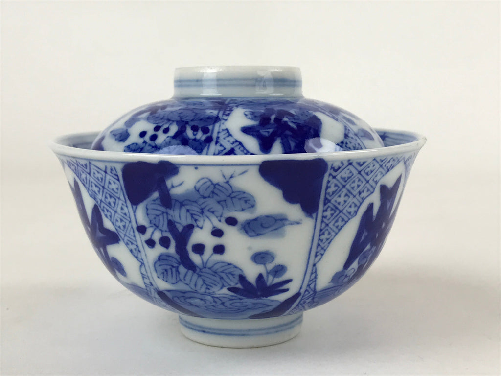Japanese Ceramic Sometsuke Lidded Bowl Owan Vtg Pottery White Blue Floral PY584