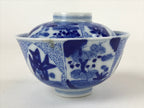 Japanese Ceramic Sometsuke Lidded Bowl Owan Vtg Pottery White Blue Floral PY584