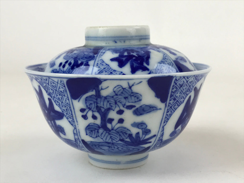 Japanese Ceramic Sometsuke Lidded Bowl Owan Vtg Pottery White Blue Floral PY585