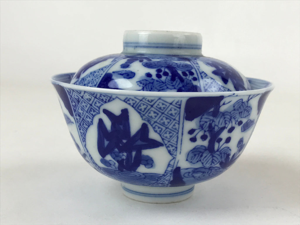 Japanese Ceramic Sometsuke Lidded Bowl Owan Vtg Pottery White Blue Floral PY585