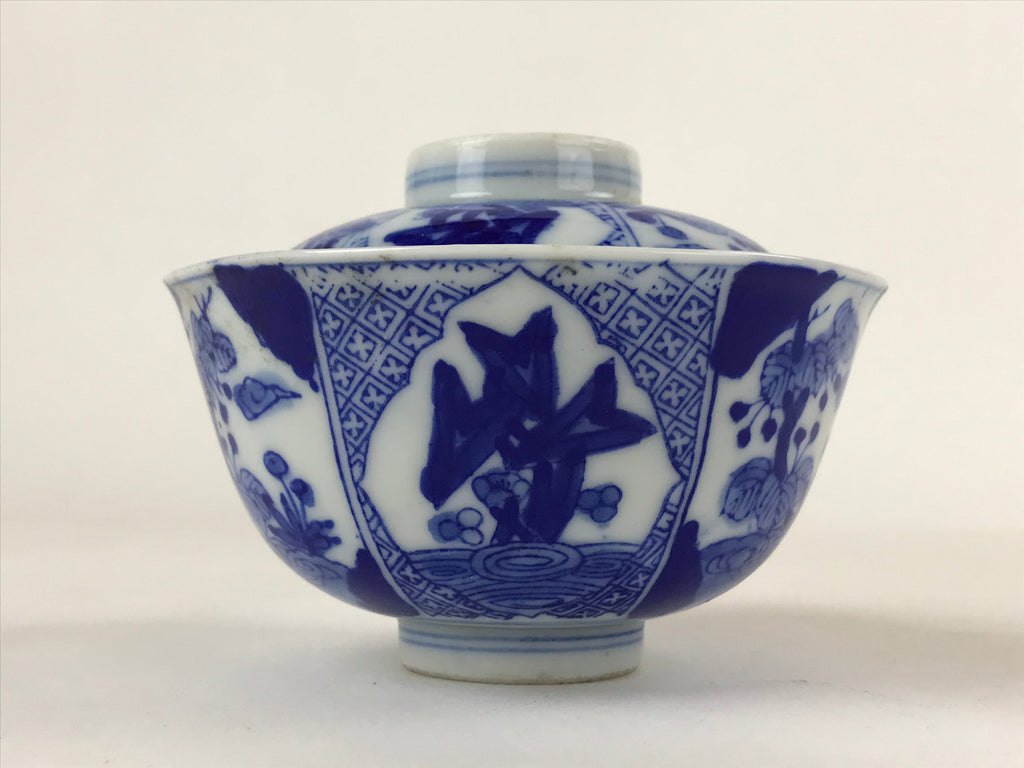 Japanese Ceramic Sometsuke Lidded Bowl Owan Vtg Pottery White Blue Floral PY586