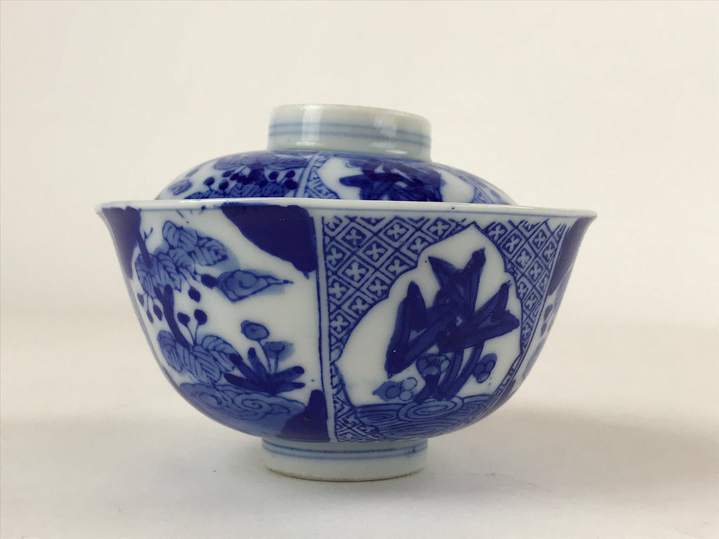Japanese Ceramic Sometsuke Lidded Bowl Owan Vtg Pottery White Blue Floral PY586