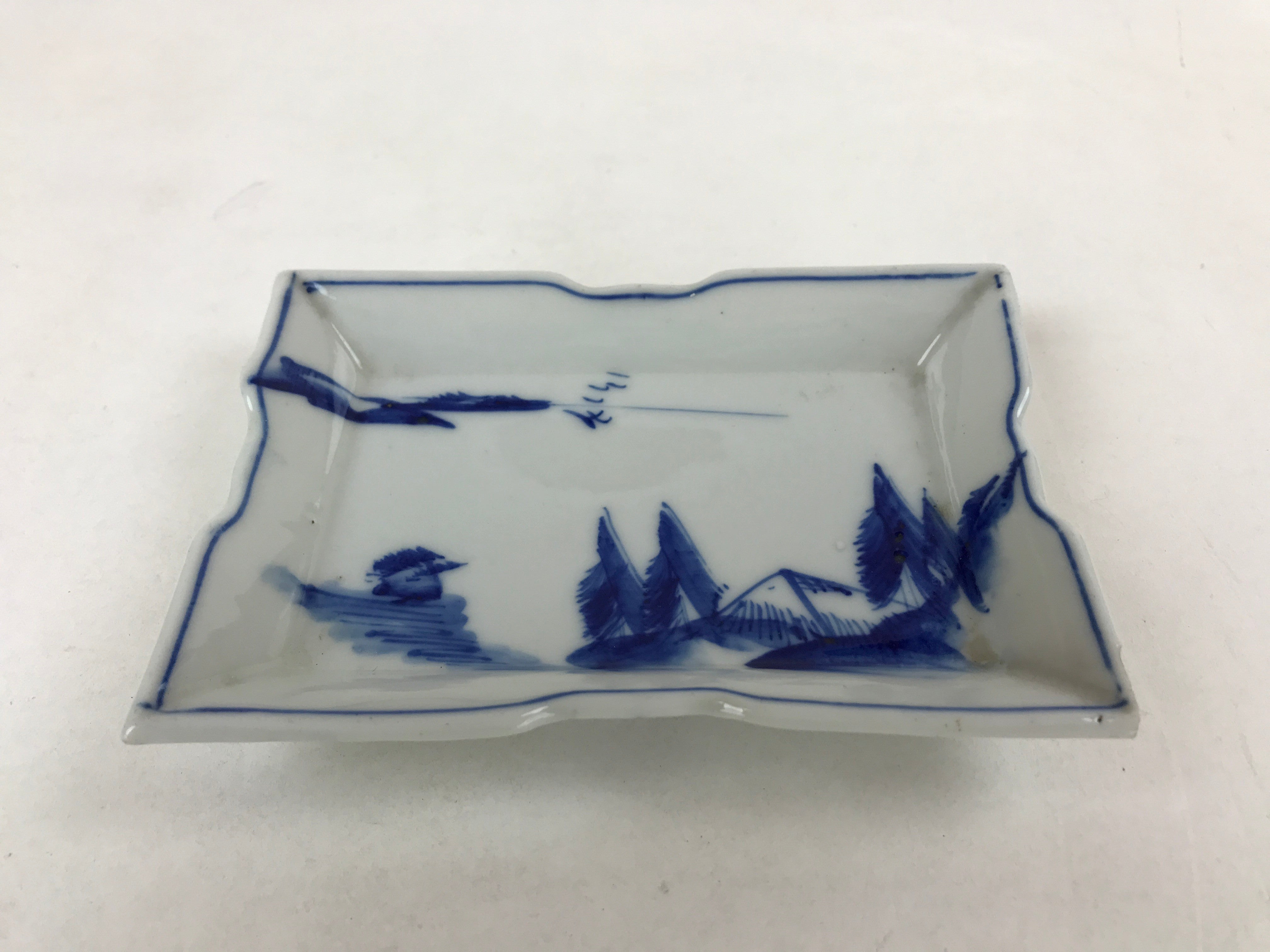 Japanese Ceramic Sometsuke Small Plate Vtg Rectangle Sansui Landscape Blue PY600