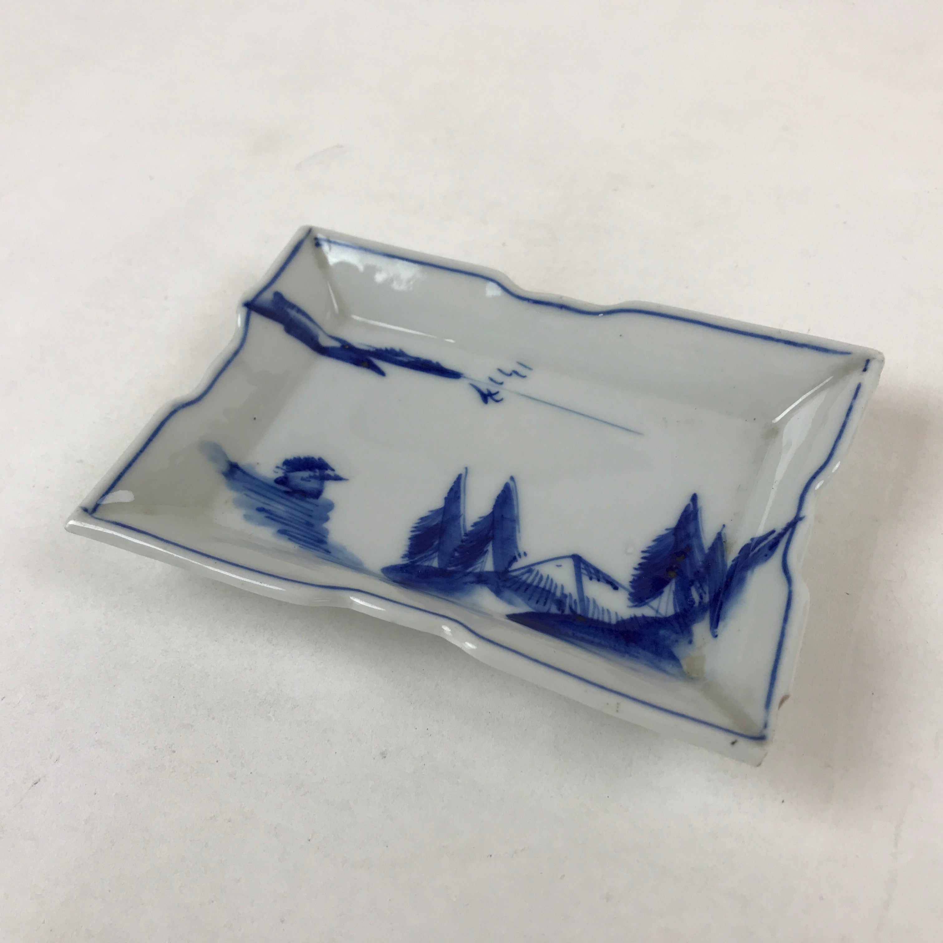 Japanese Ceramic Sometsuke Small Plate Vtg Rectangle Sansui Landscape Blue PY600