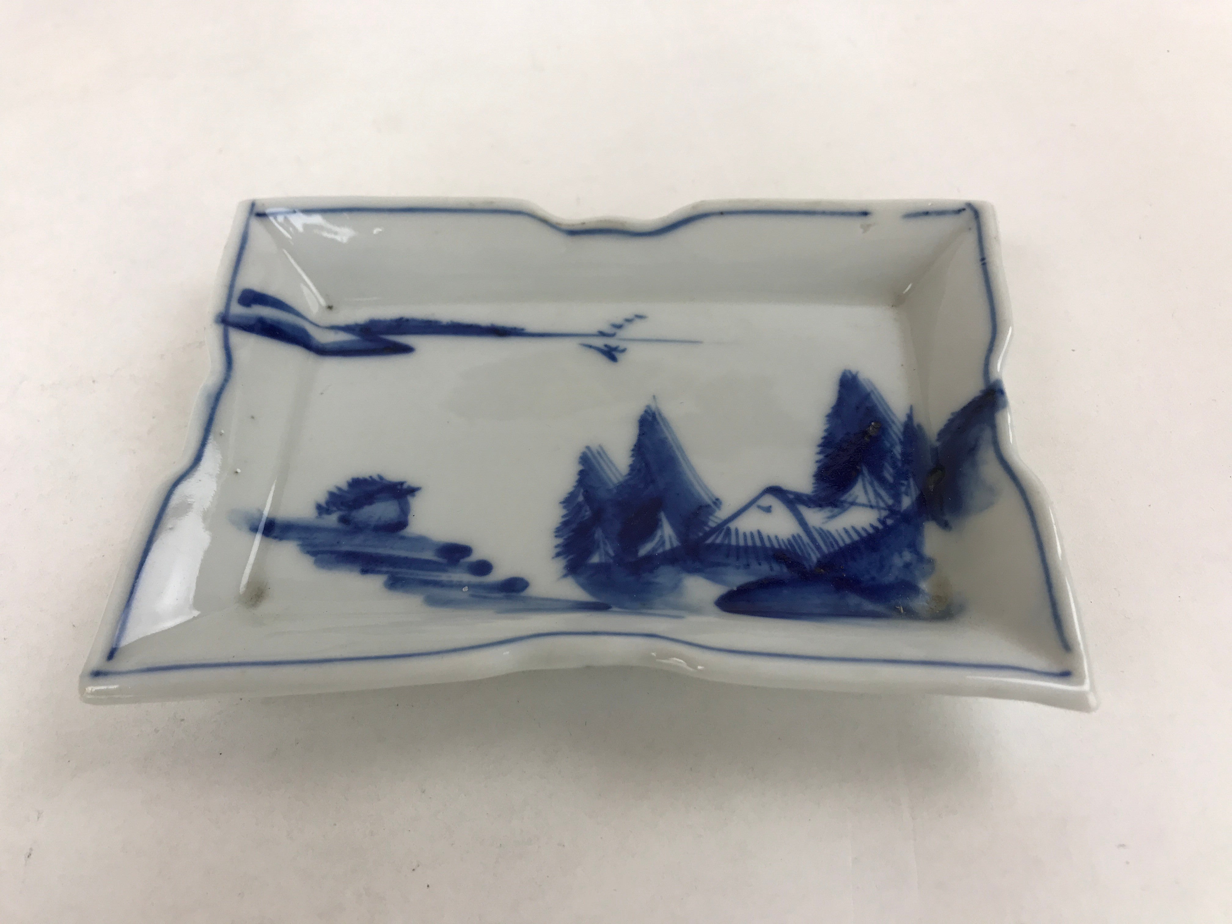 Japanese Ceramic Sometsuke Small Plate Vtg Rectangle Sansui Landscape Blue PY602