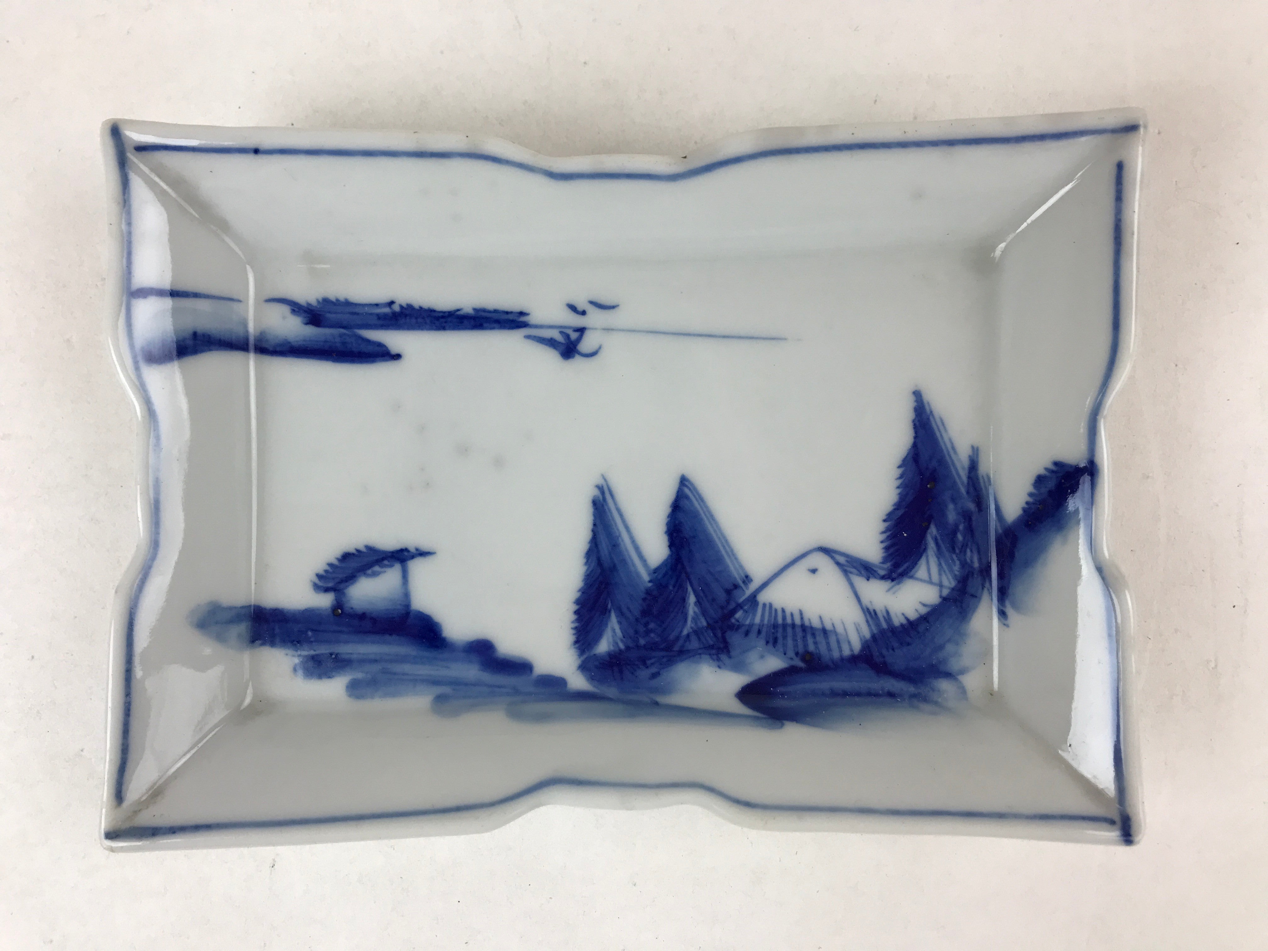 Japanese Ceramic Sometsuke Small Plate Vtg Rectangle Sansui Landscape Blue PY603