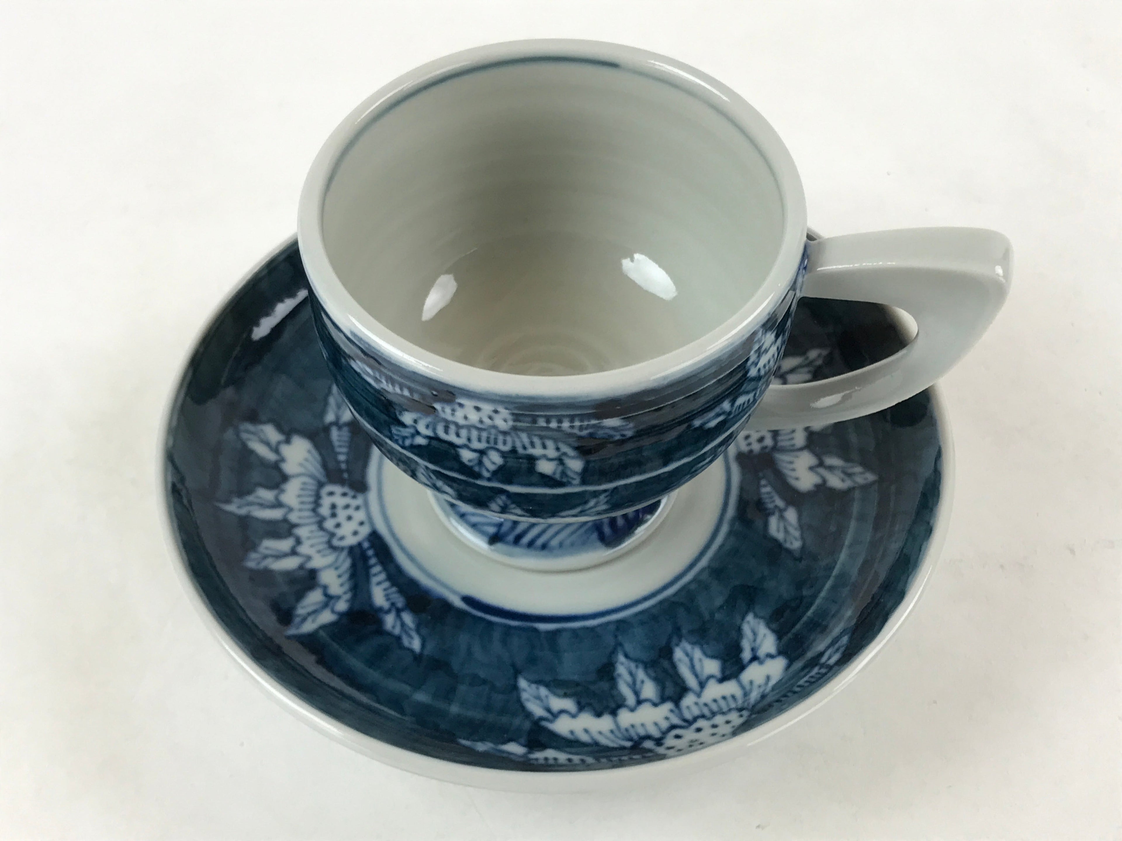Japanese Ceramic Sometsuke Teacup And Saucer Vtg Pottery White Blue Floral PY590