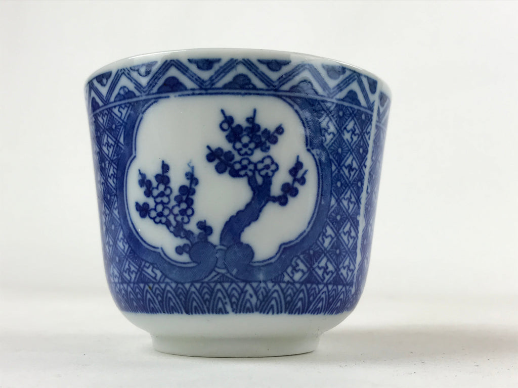 Japanese Ceramic Sometsuke Teacup Vtg Shochikubai White Blue Yunomi Sencha TC416