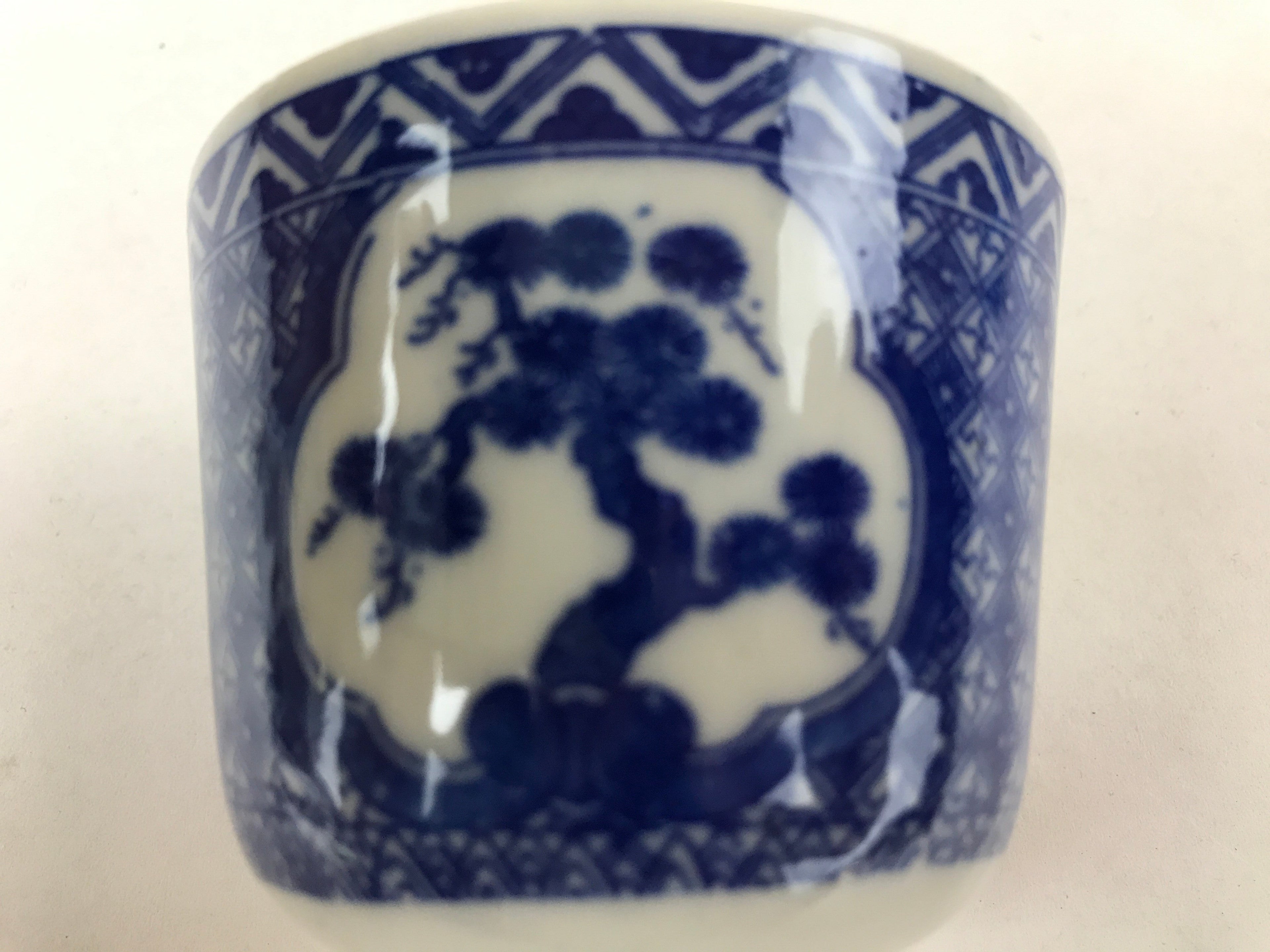 Japanese Ceramic Sometsuke Teacup Vtg Shochikubai White Blue Yunomi Sencha TC417