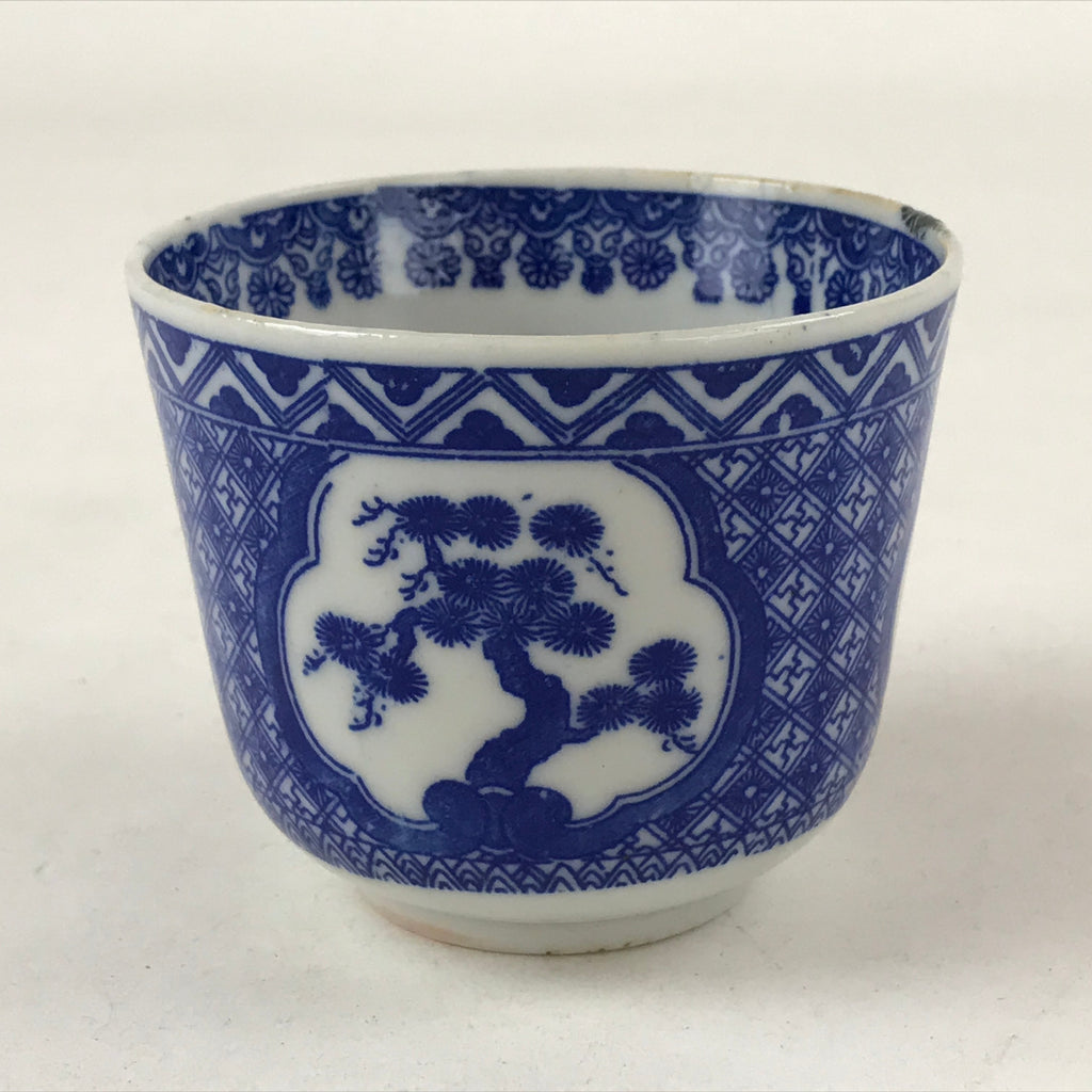 Japanese Ceramic Sometsuke Teacup Vtg Shochikubai White Blue Yunomi Sencha TC417