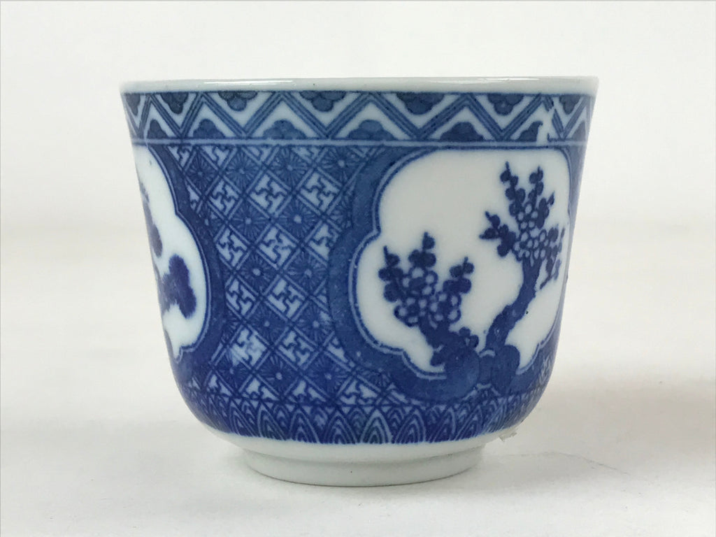 Japanese Ceramic Sometsuke Teacup Vtg Shochikubai White Blue Yunomi Sencha TC418