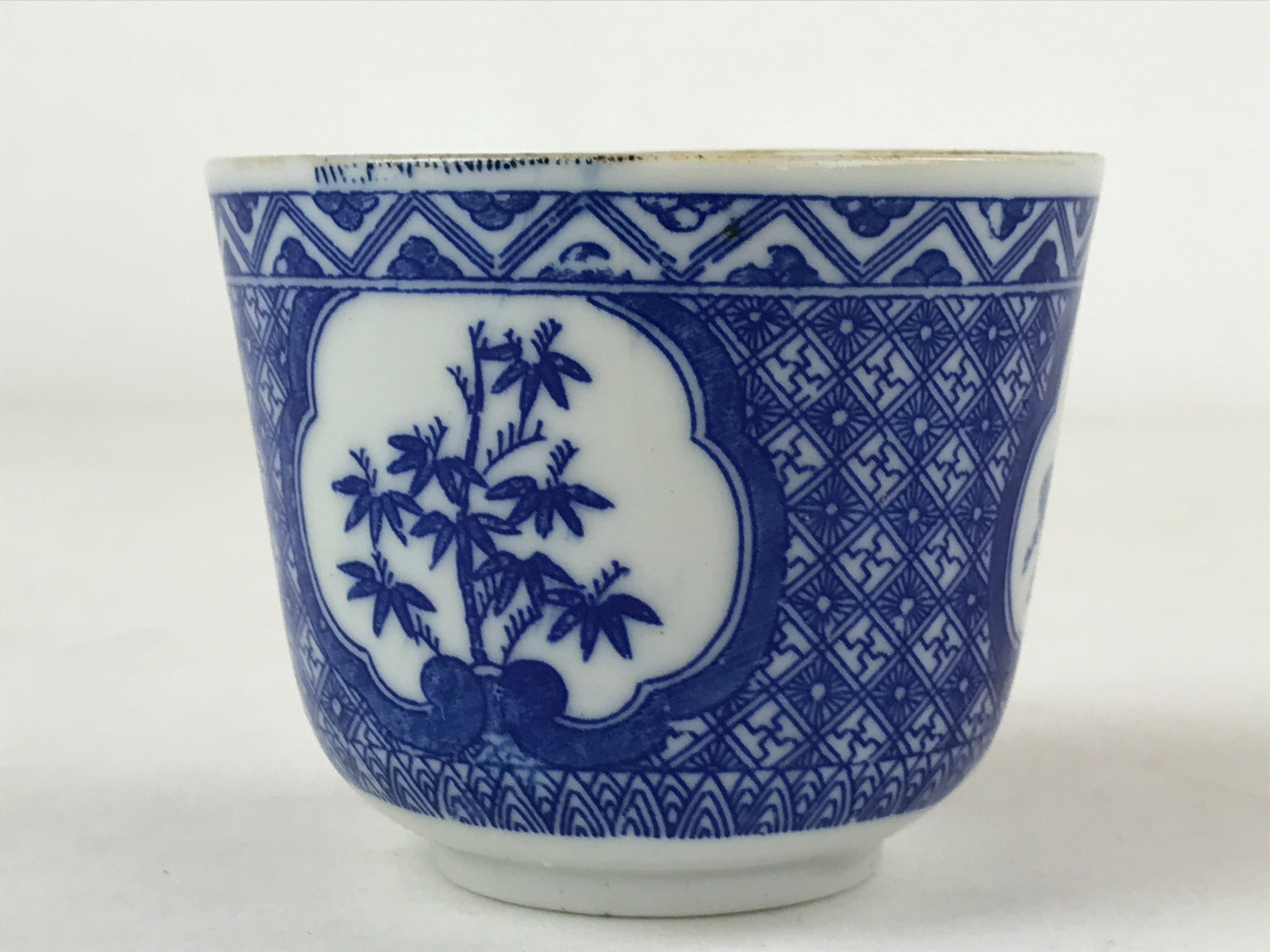 Japanese Ceramic Sometsuke Teacup Vtg Shochikubai White Blue Yunomi Sencha TC419