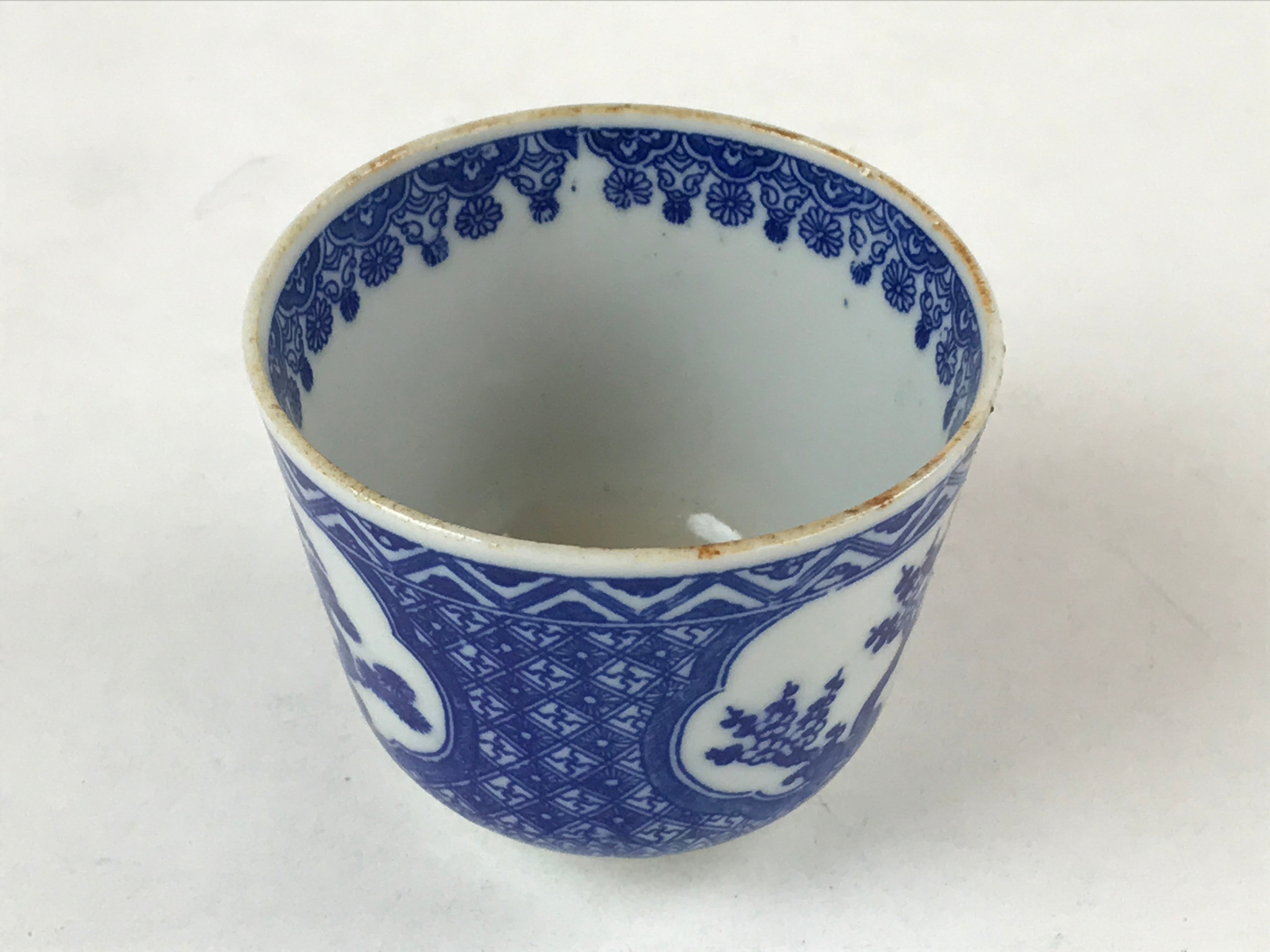 Japanese Ceramic Sometsuke Teacup Vtg Shochikubai White Blue Yunomi Sencha TC419